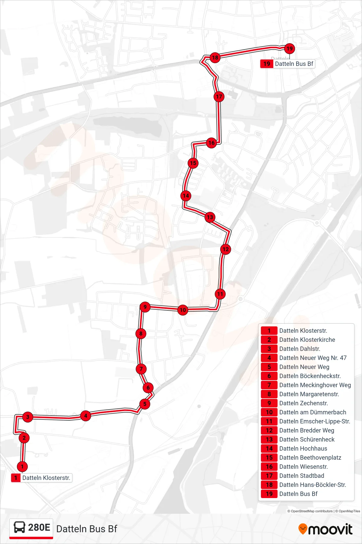 Linie 280E (Bus) Richtung Datteln Bus Bf: Route und Haltestellen auf der Karte