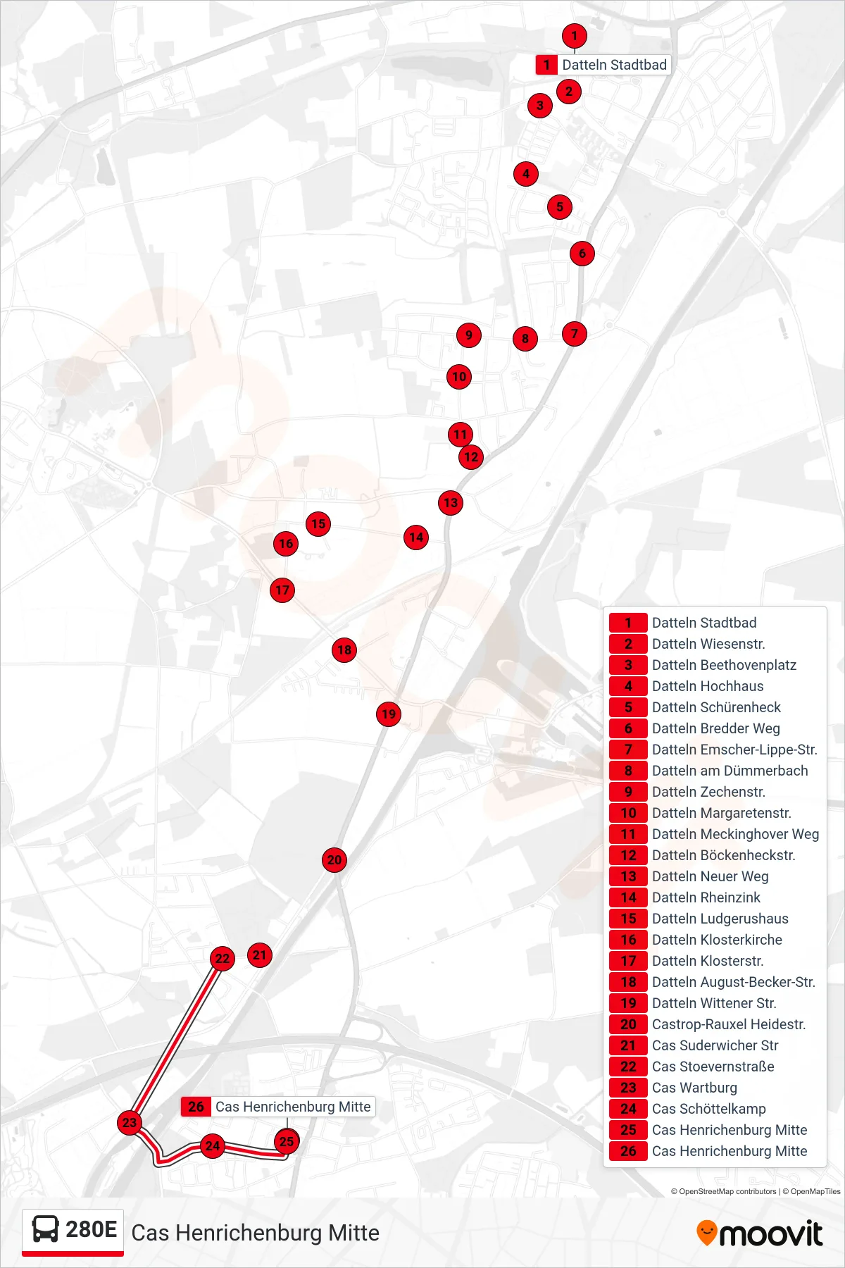 Linie 280E (Bus) Richtung Cas Henrichenburg Mitte: Route und Haltestellen auf der Karte