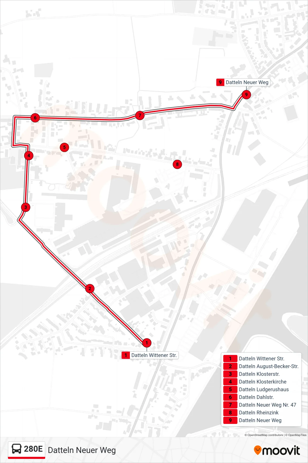 Linie 280E (Bus) Richtung Datteln Neuer Weg: Route und Haltestellen auf der Karte