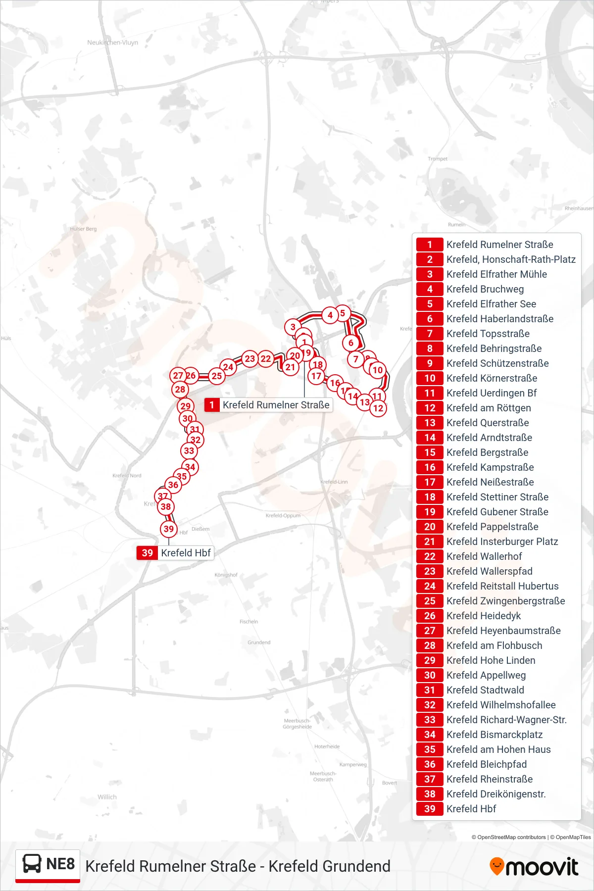 NE8 bus Line (Krefeld Hbf) route and stops on a map