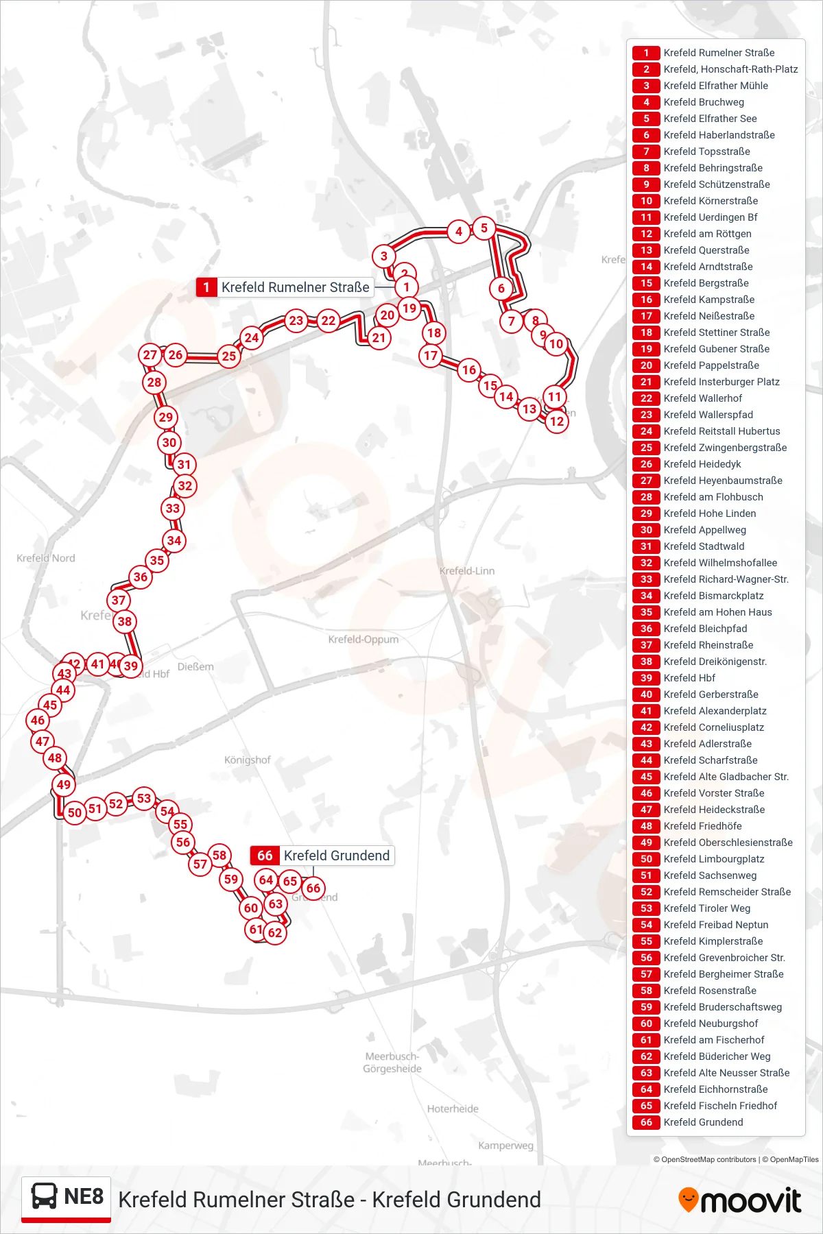 NE8 bus Line (Krefeld Grundend) route and stops on a map