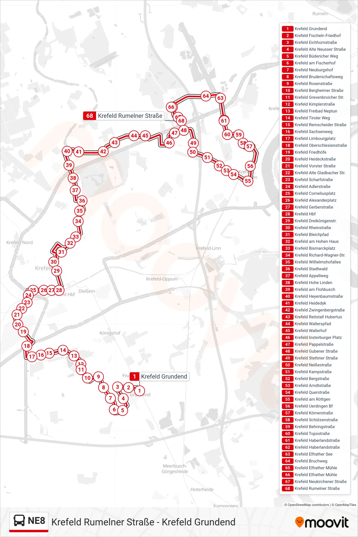 Linie NE8 (Bus) Richtung Krefeld Rumelner Straße: Route und Haltestellen auf der Karte
