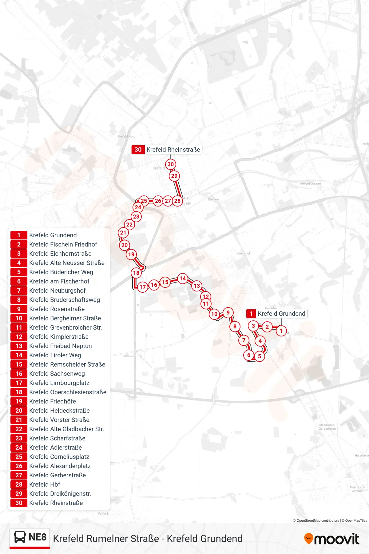 Linie NE8 (Bus) Richtung Krefeld Rheinstraße: Route und Haltestellen auf der Karte