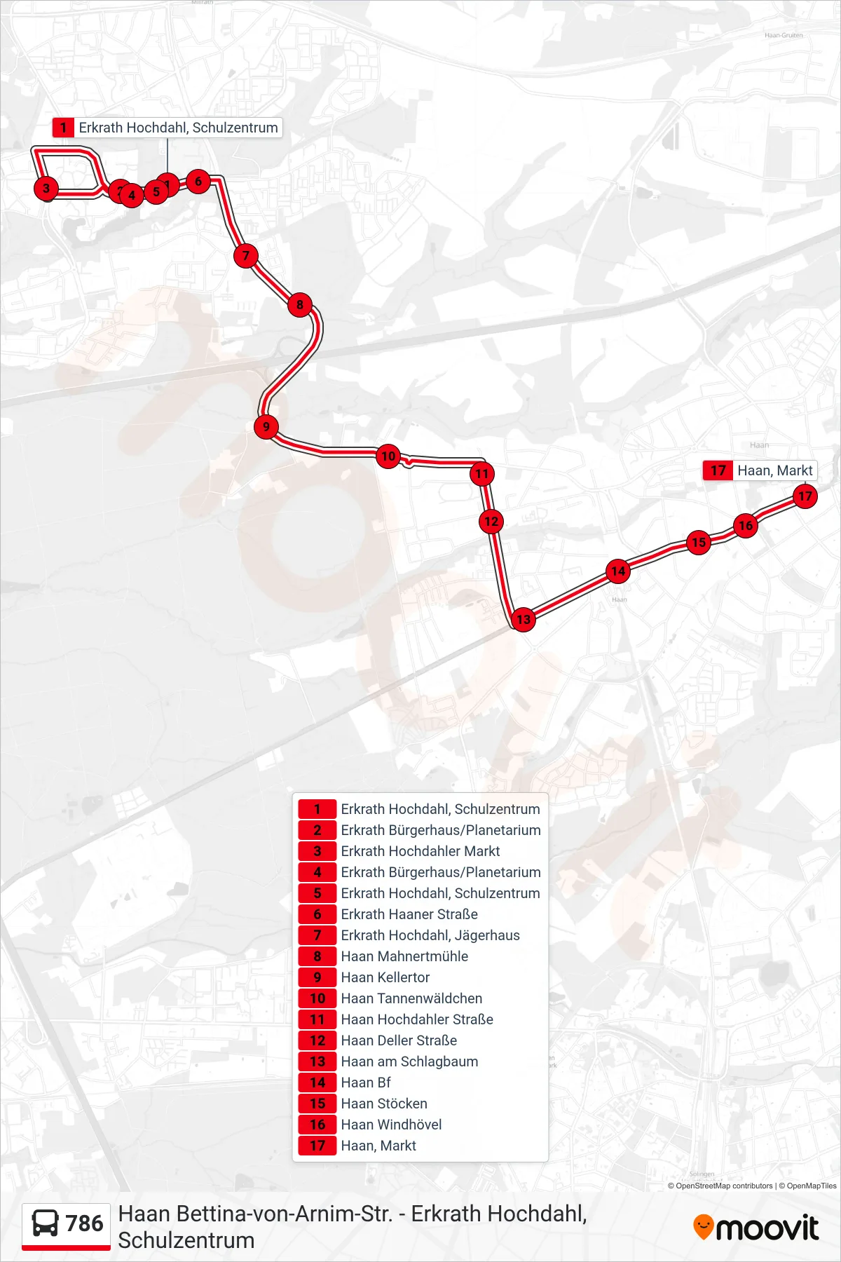 Linie 786 (Bus) Richtung Haan, Markt: Route und Haltestellen auf der Karte