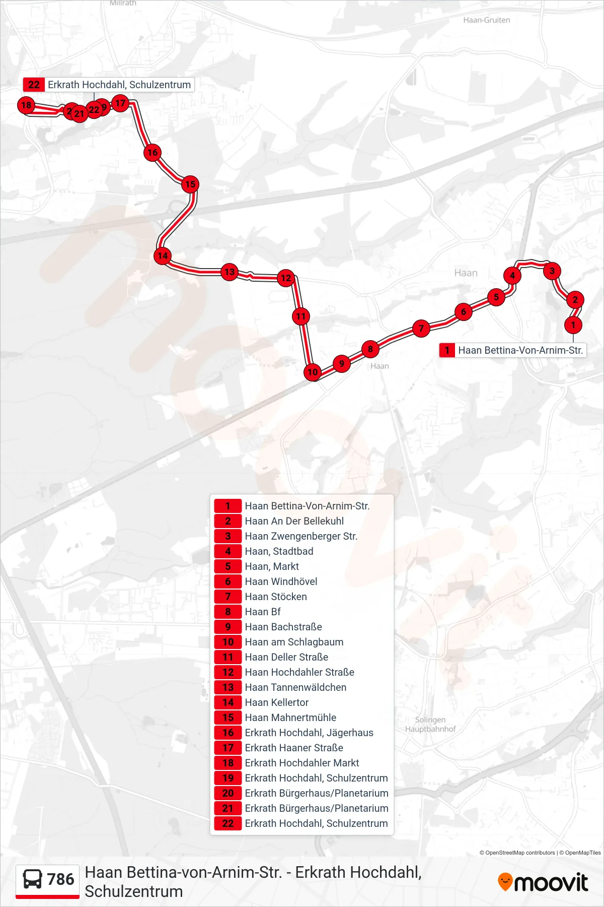 786 bus Line (Erkrath Hochdahl, Schulzentrum) route and stops on a map