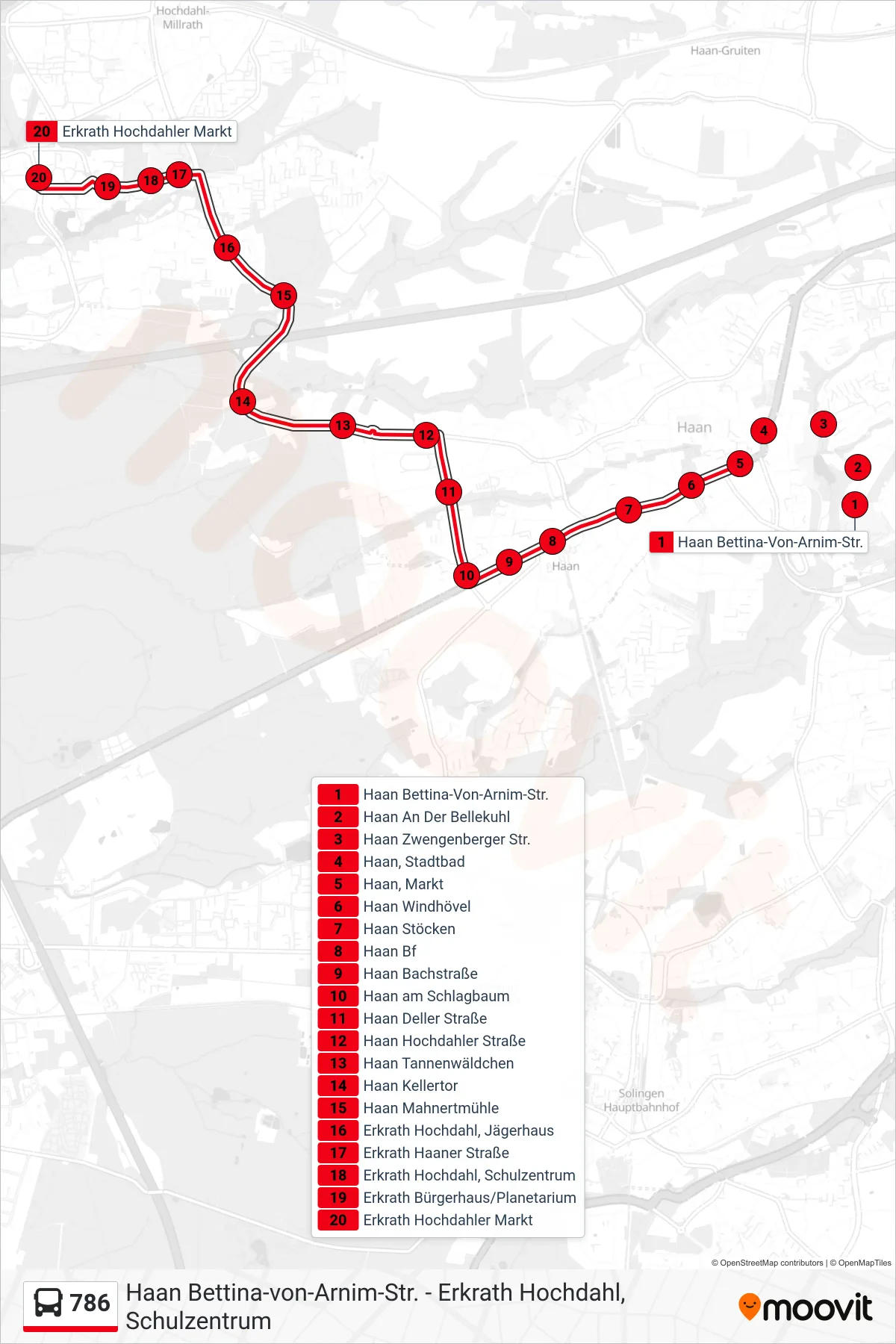 Linie 786 (Bus) Richtung Erkrath Hochdahler Markt: Route und Haltestellen auf der Karte