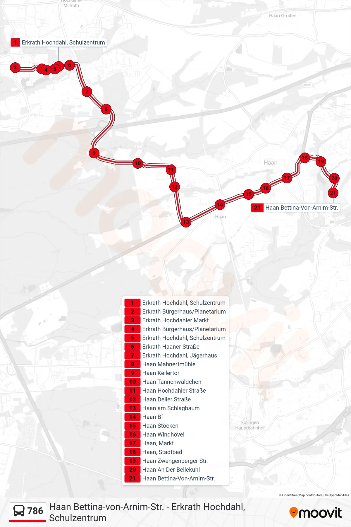 Linie 786 (Bus) Richtung Haan Bettina-Von-Arnim-Str.: Route und Haltestellen auf der Karte