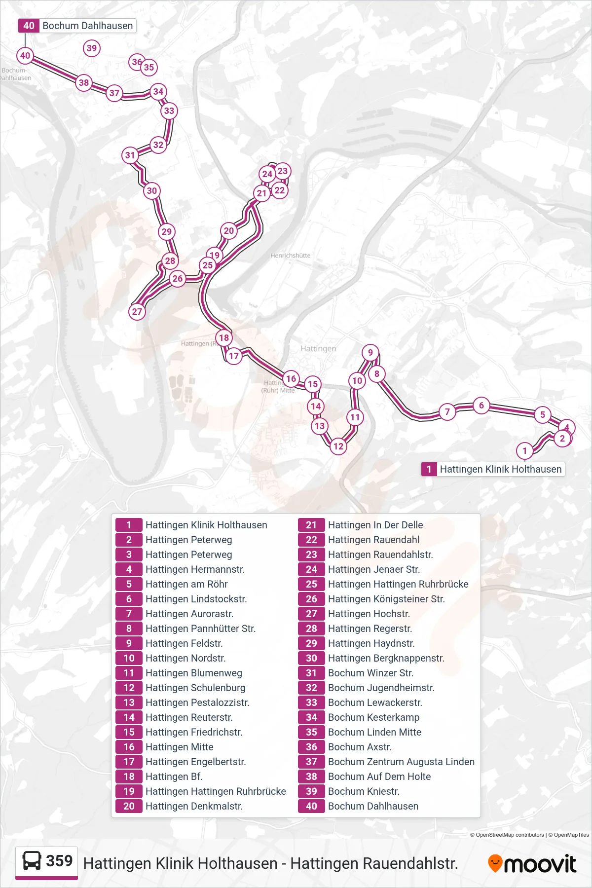 359 bus Line (Bochum Dahlhausen) route and stops on a map