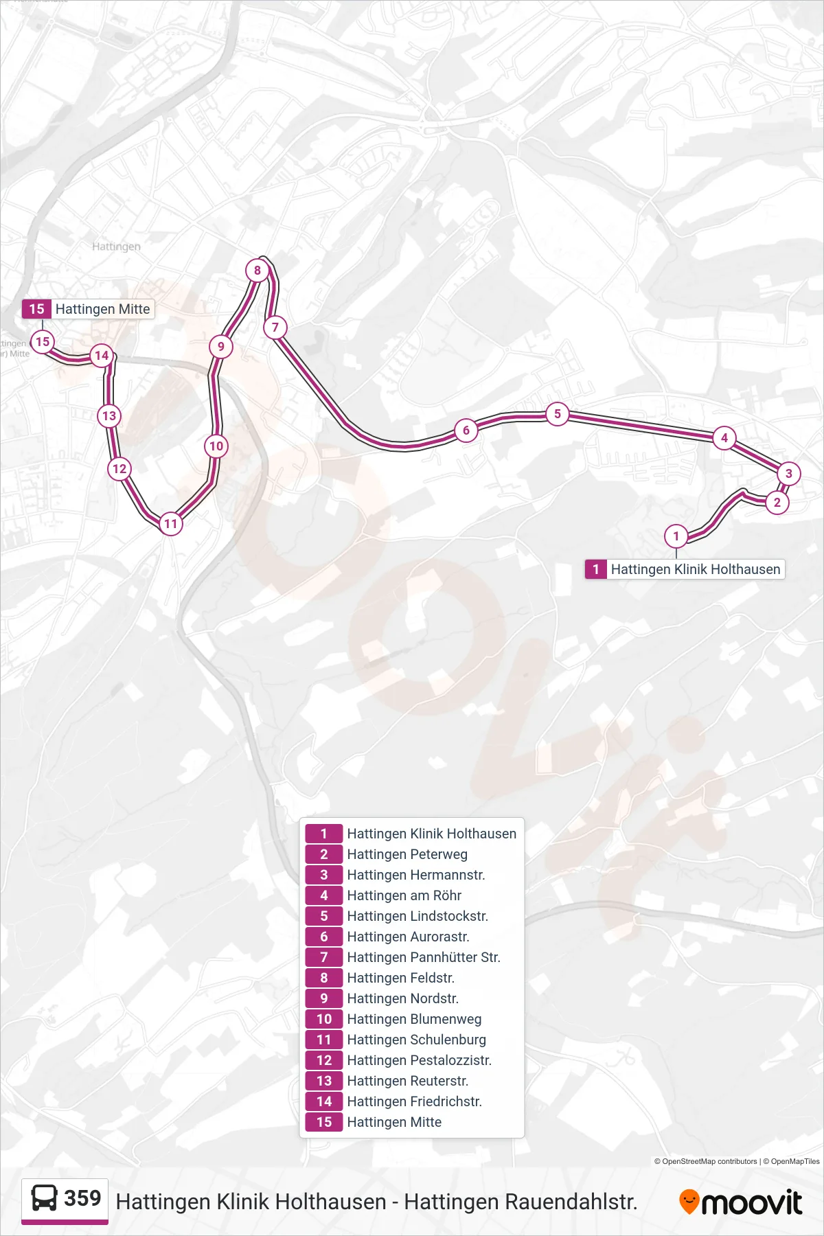 Linie 359 (Bus) Richtung Hattingen Mitte: Route und Haltestellen auf der Karte
