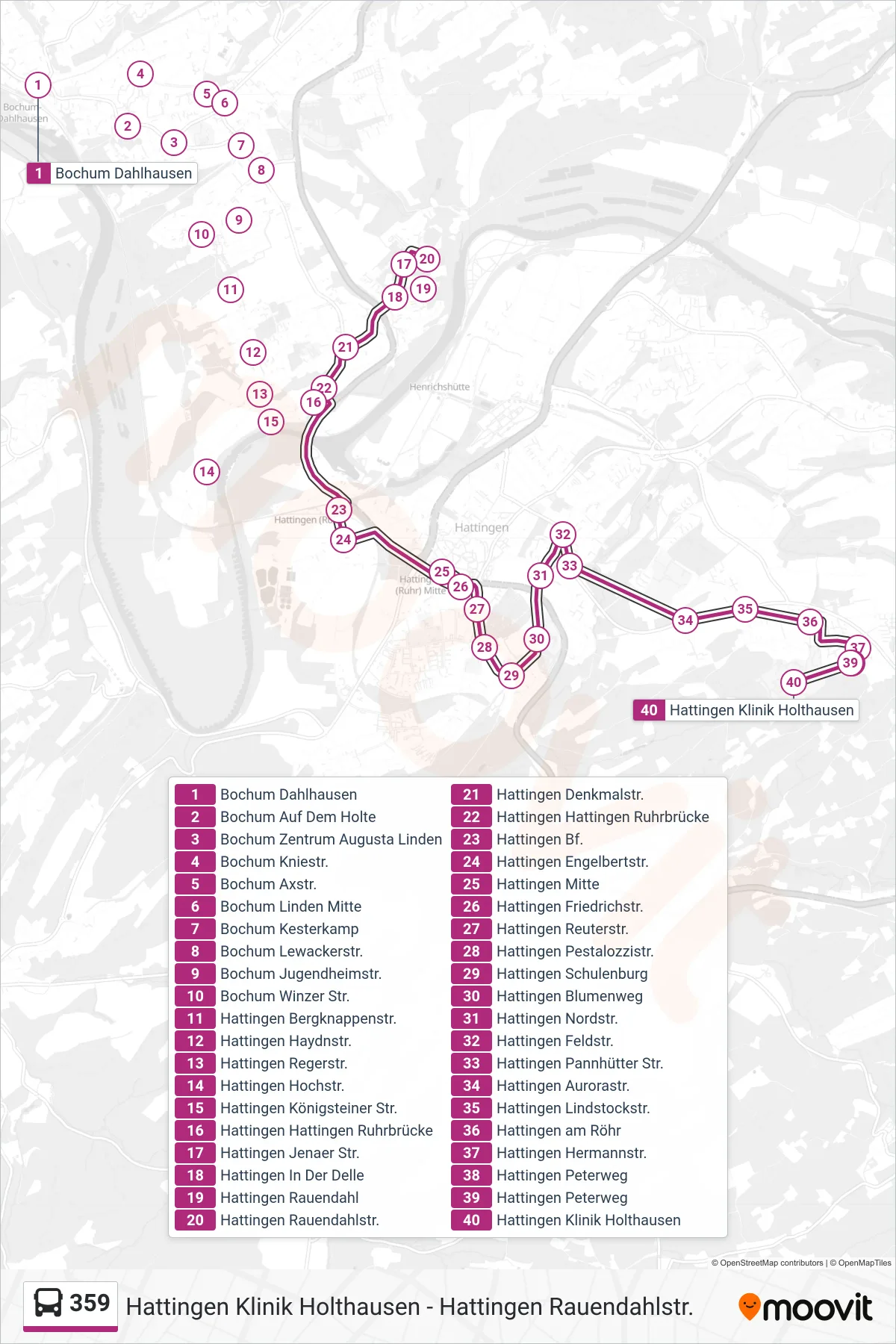 359 bus Line (Hattingen Klinik Holthausen) route and stops on a map