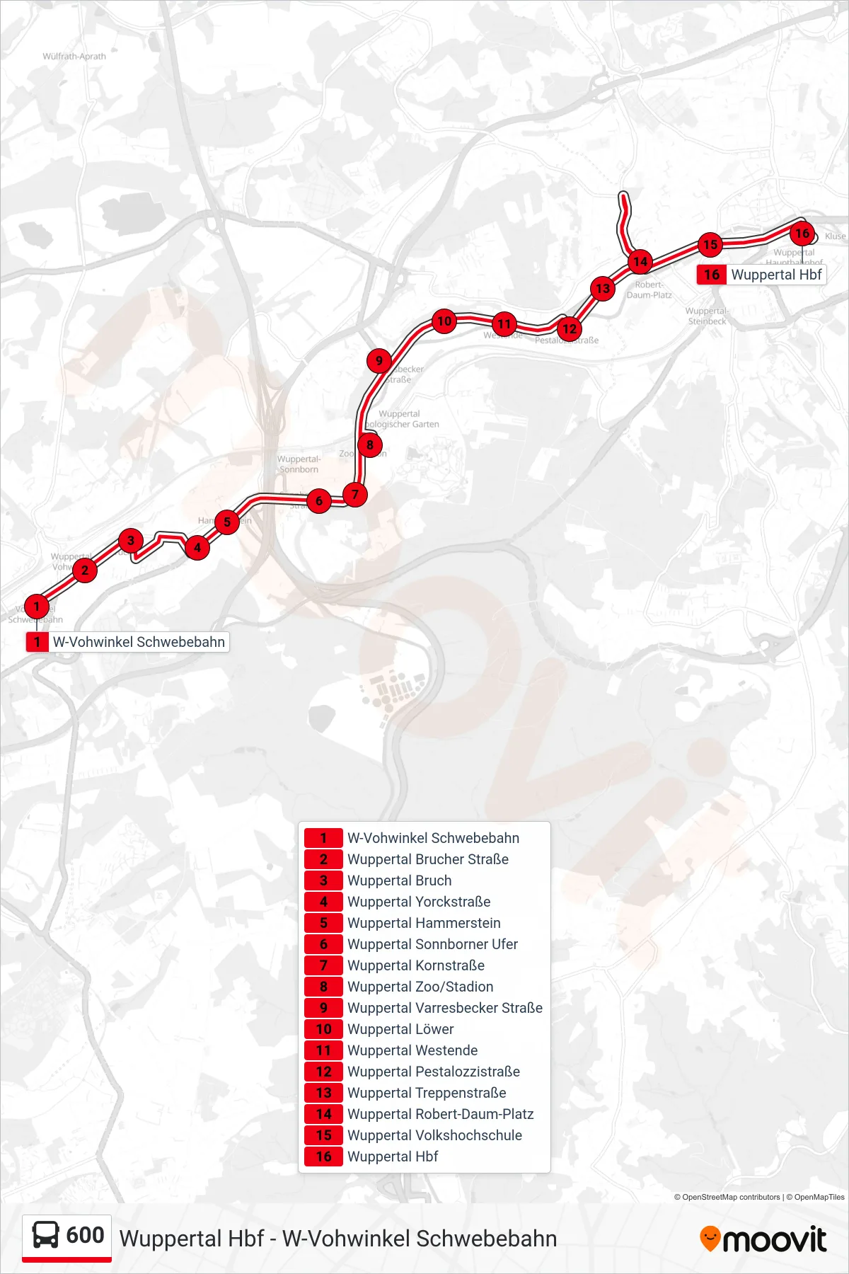 Linie 600 (Bus) Richtung Wuppertal Hbf: Route und Haltestellen auf der Karte