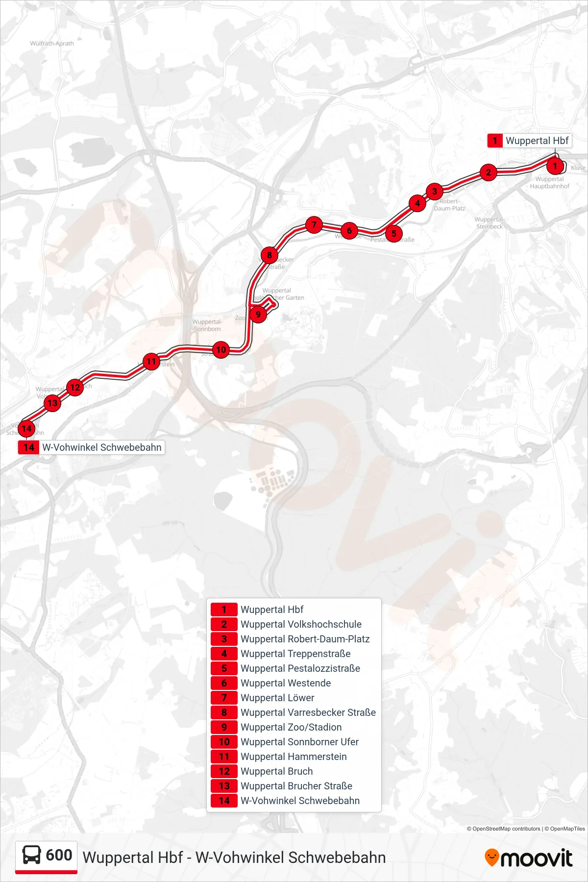 600 bus Line (W-Vohwinkel Schwebebahn) route and stops on a map