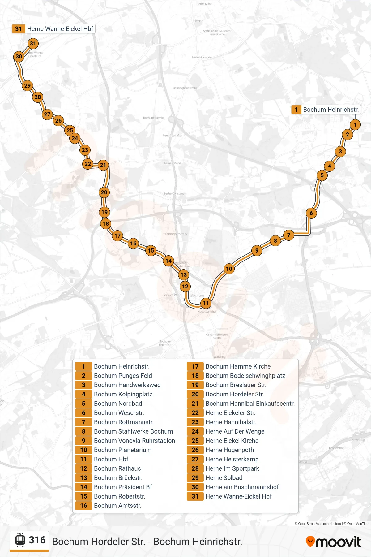 Linie 316 (Tram) Richtung Herne Wanne-Eickel Hbf: Route und Haltestellen auf der Karte