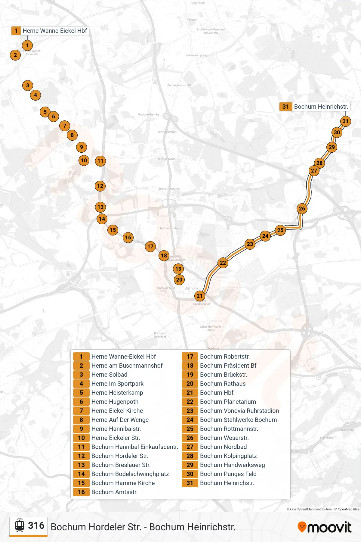 Linie 316 (Straßenbahn) Richtung Bochum Heinrichstr.: Route und Haltestellen auf der Karte