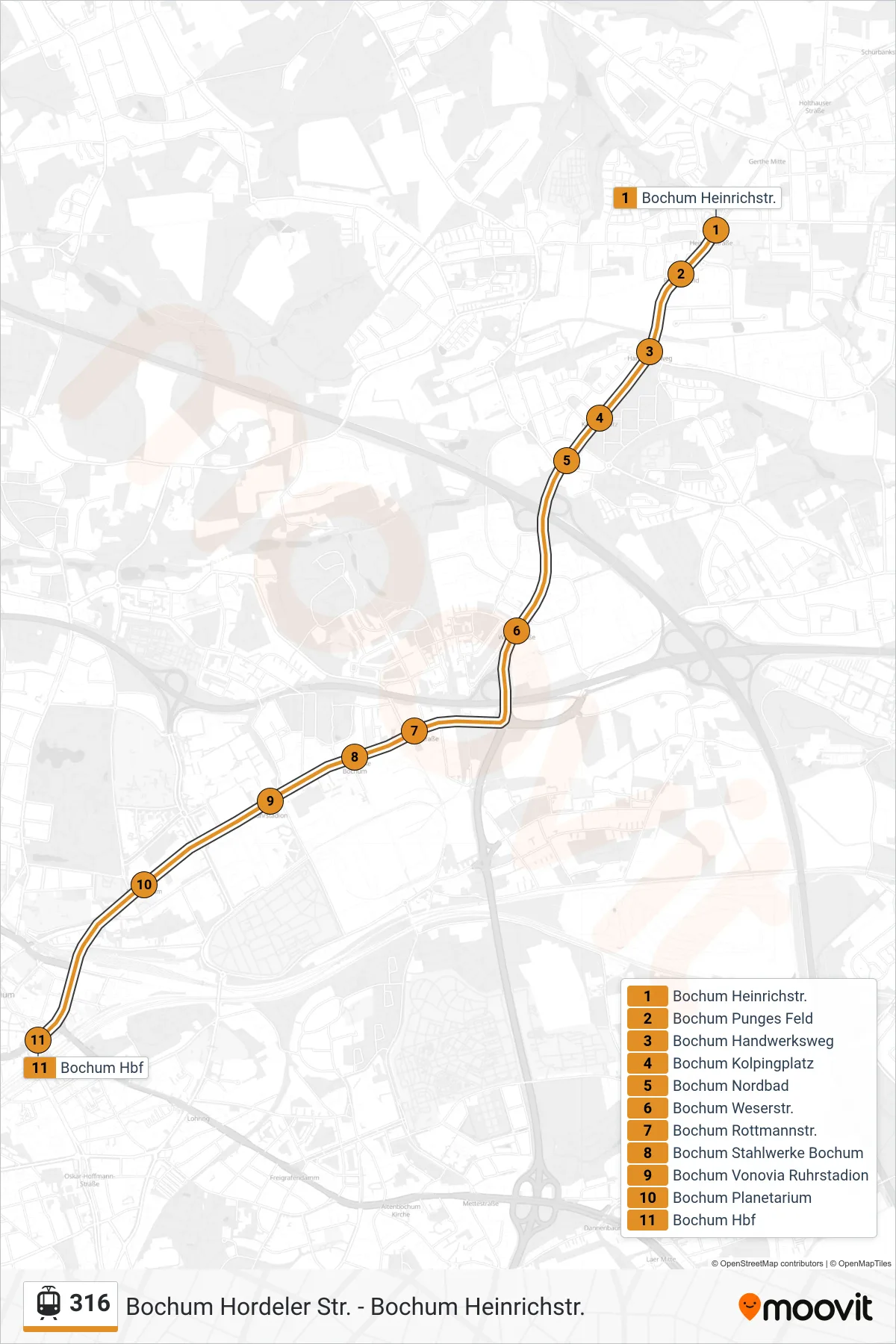 316 light rail Line (Bochum Hbf) route and stops on a map