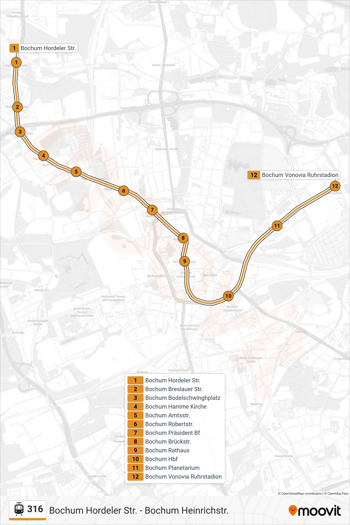 Linie 316 (Straßenbahn) Richtung Bochum Vonovia Ruhrstadion: Route und Haltestellen auf der Karte