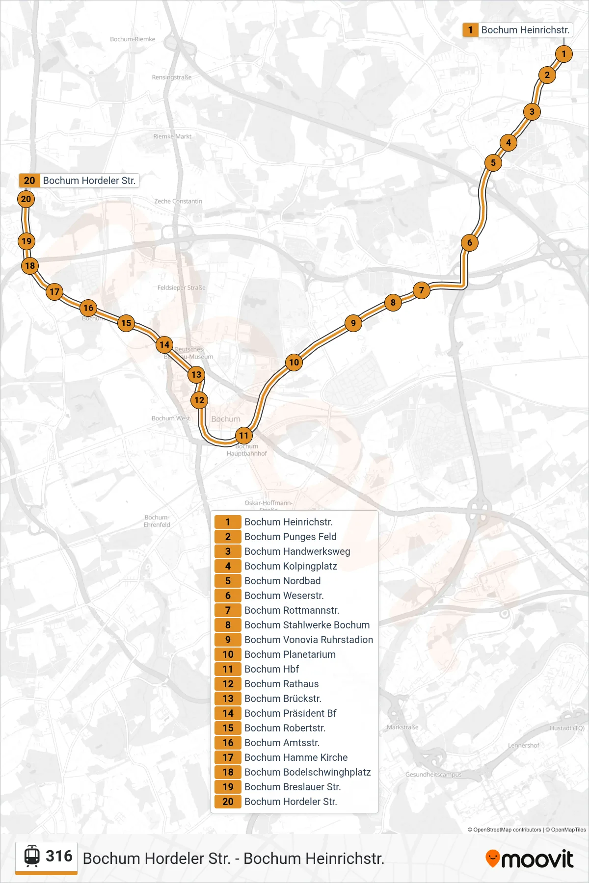 Linie 316 (Straßenbahn) Richtung Bochum Hordeler Str.: Route und Haltestellen auf der Karte