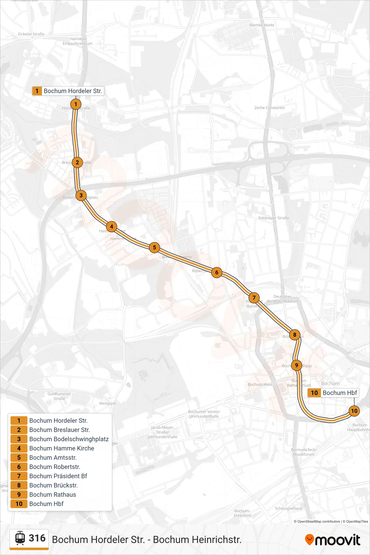 316 light rail Line (Bochum Hbf) route and stops on a map