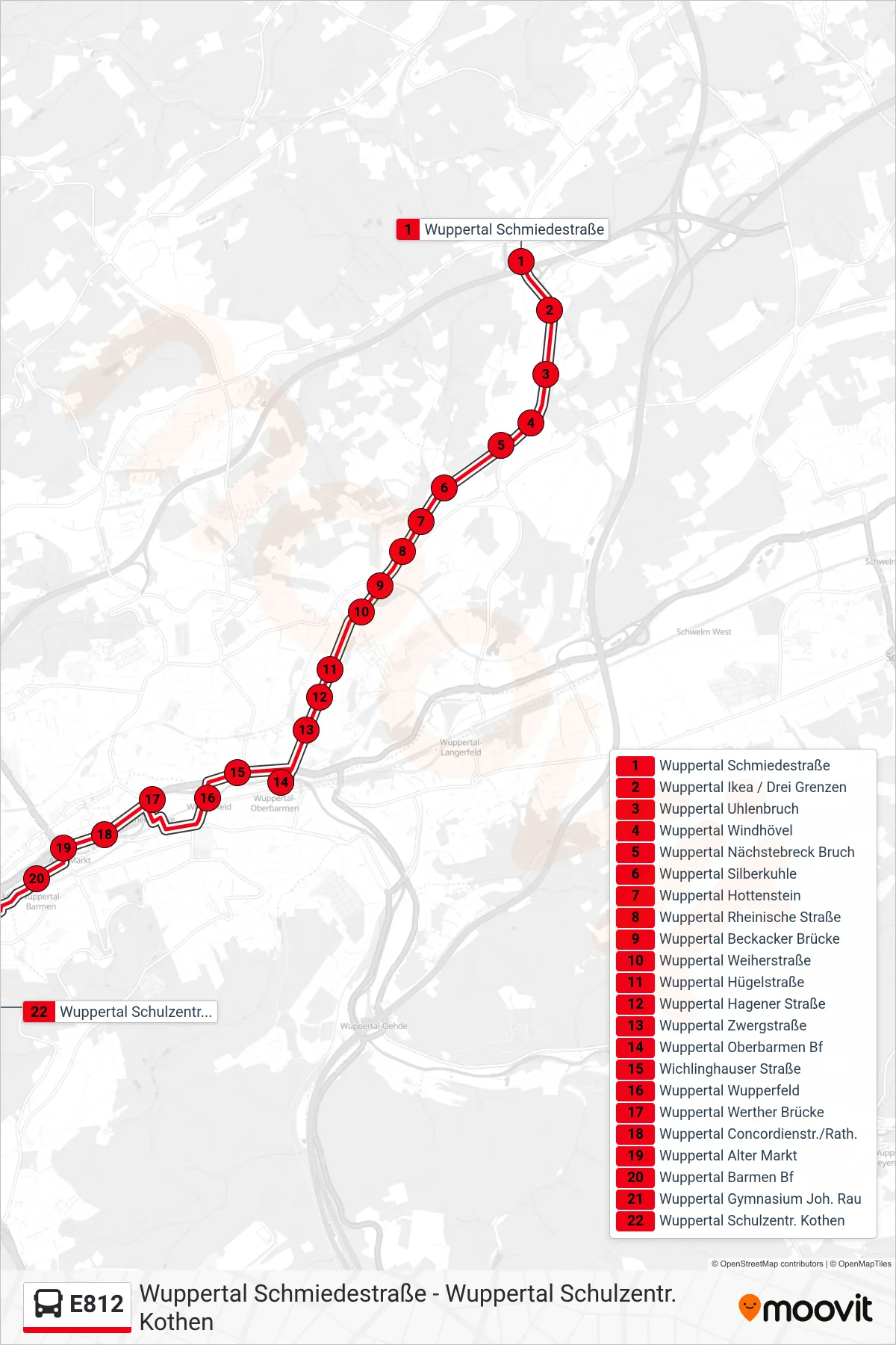 Linie E812 (Bus) Richtung Wuppertal Schulzentr. Kothen: Route und Haltestellen auf der Karte