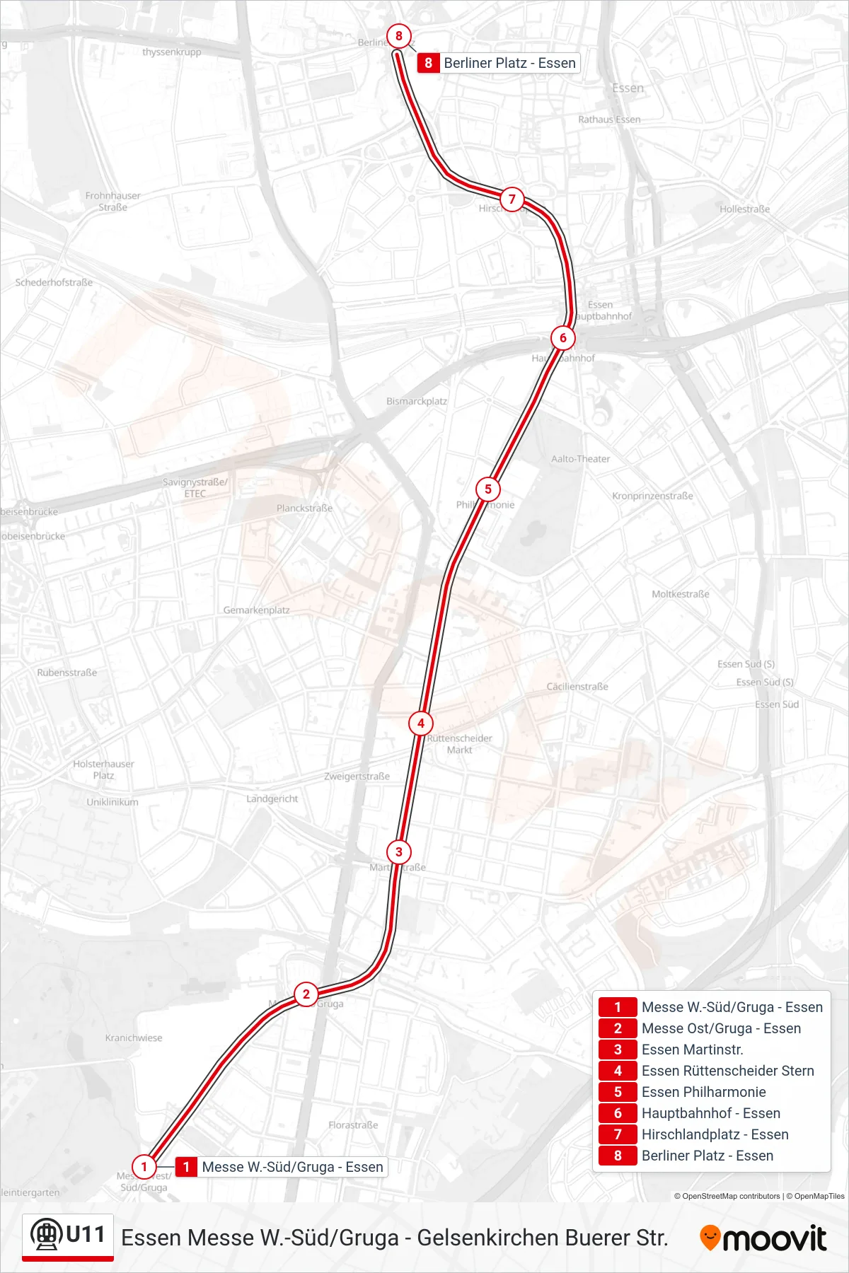 Linie U11 (U-Bahn) Richtung Essen Berliner Platz: Route und Haltestellen auf der Karte