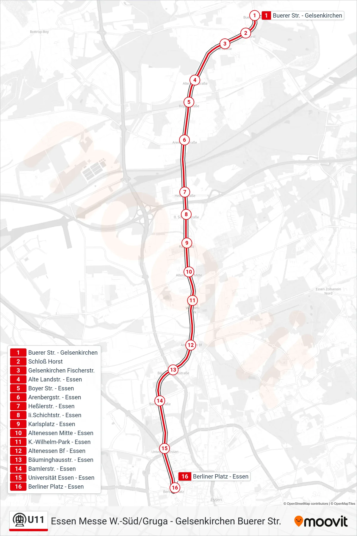 Linie U11 (U-Bahn) Richtung Essen Berliner Platz: Route und Haltestellen auf der Karte