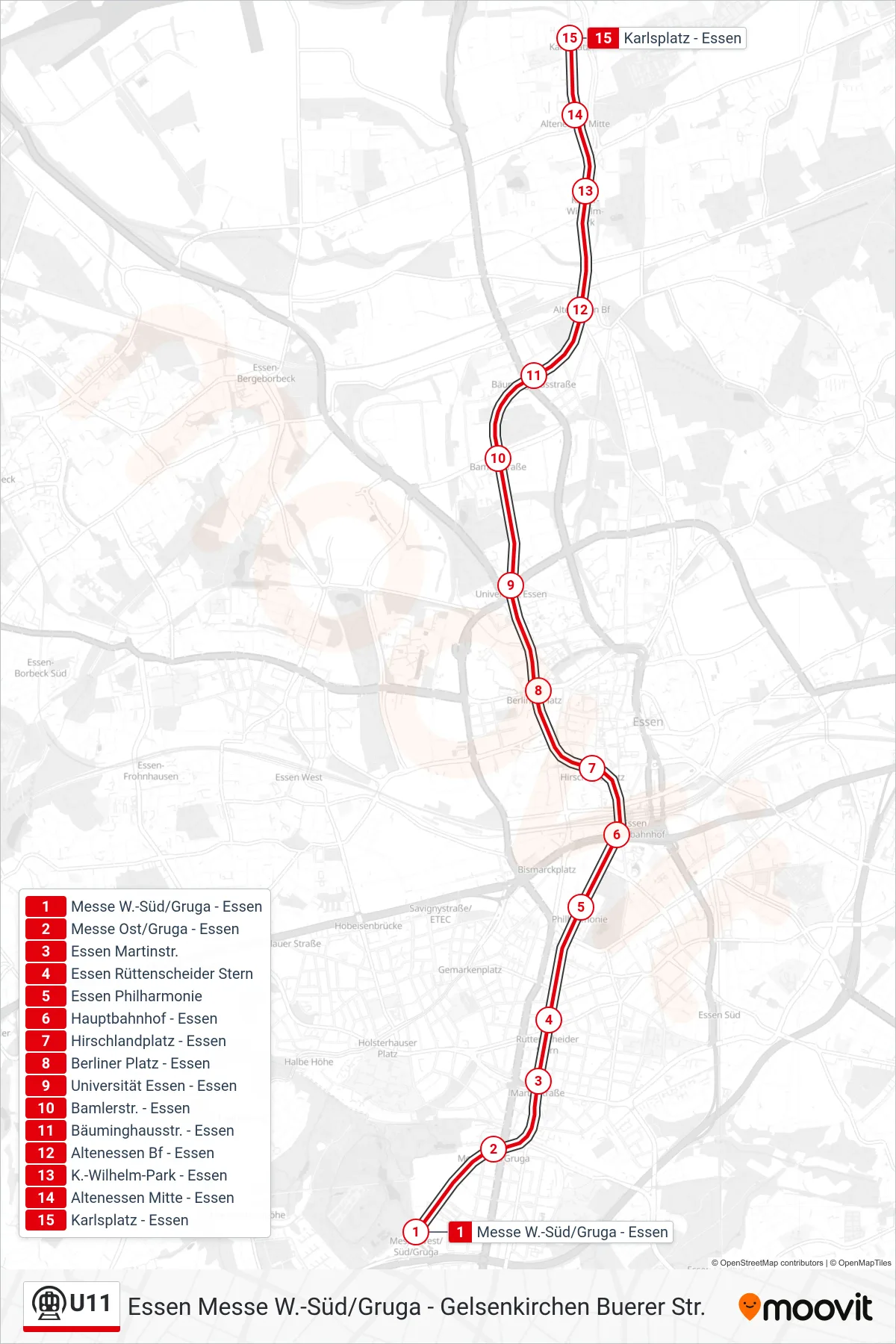 U11 subway Line (Essen Karlsplatz) route and stops on a map