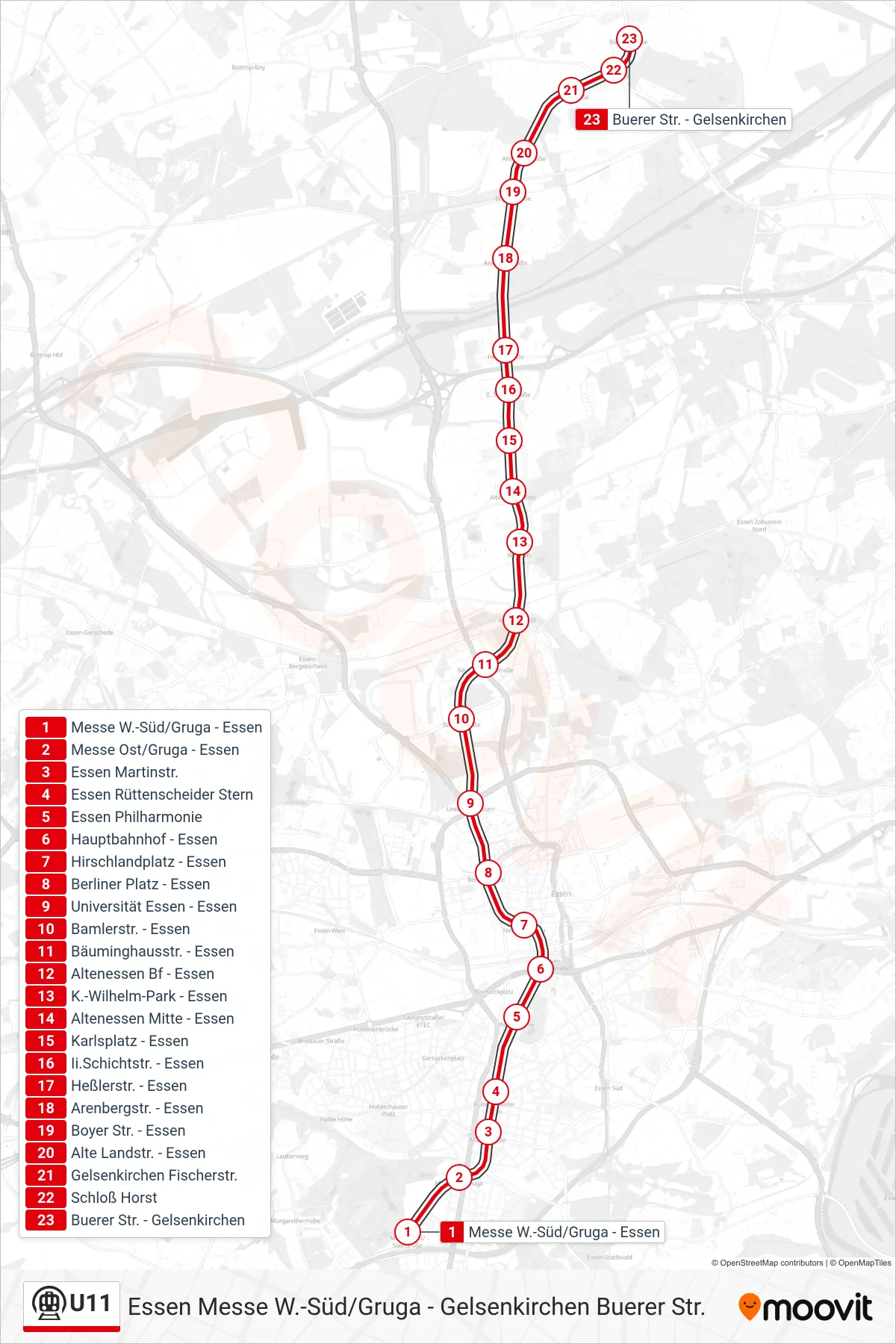 Linie U11 (U-Bahn) Richtung Gelsenkirchen Buerer Str.: Route und Haltestellen auf der Karte