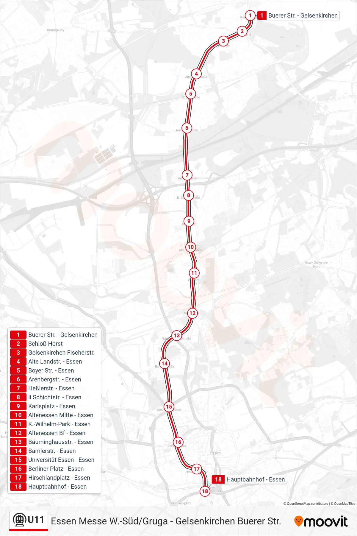 Linie U11 (U-Bahn) Richtung Essen Hbf: Route und Haltestellen auf der Karte