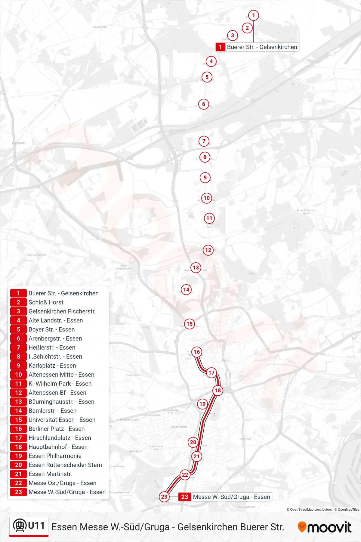 U11 subway Line (Essen Messe W.-Süd/Gruga) route and stops on a map