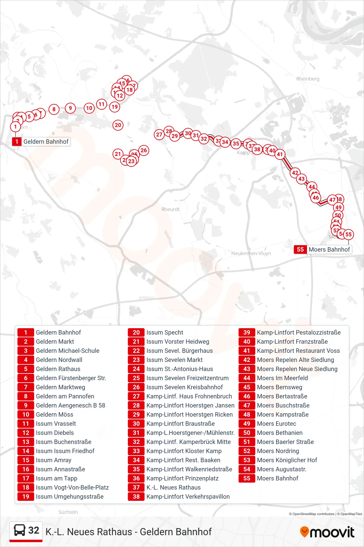 32 bus Line (Moers Bahnhof) route and stops on a map