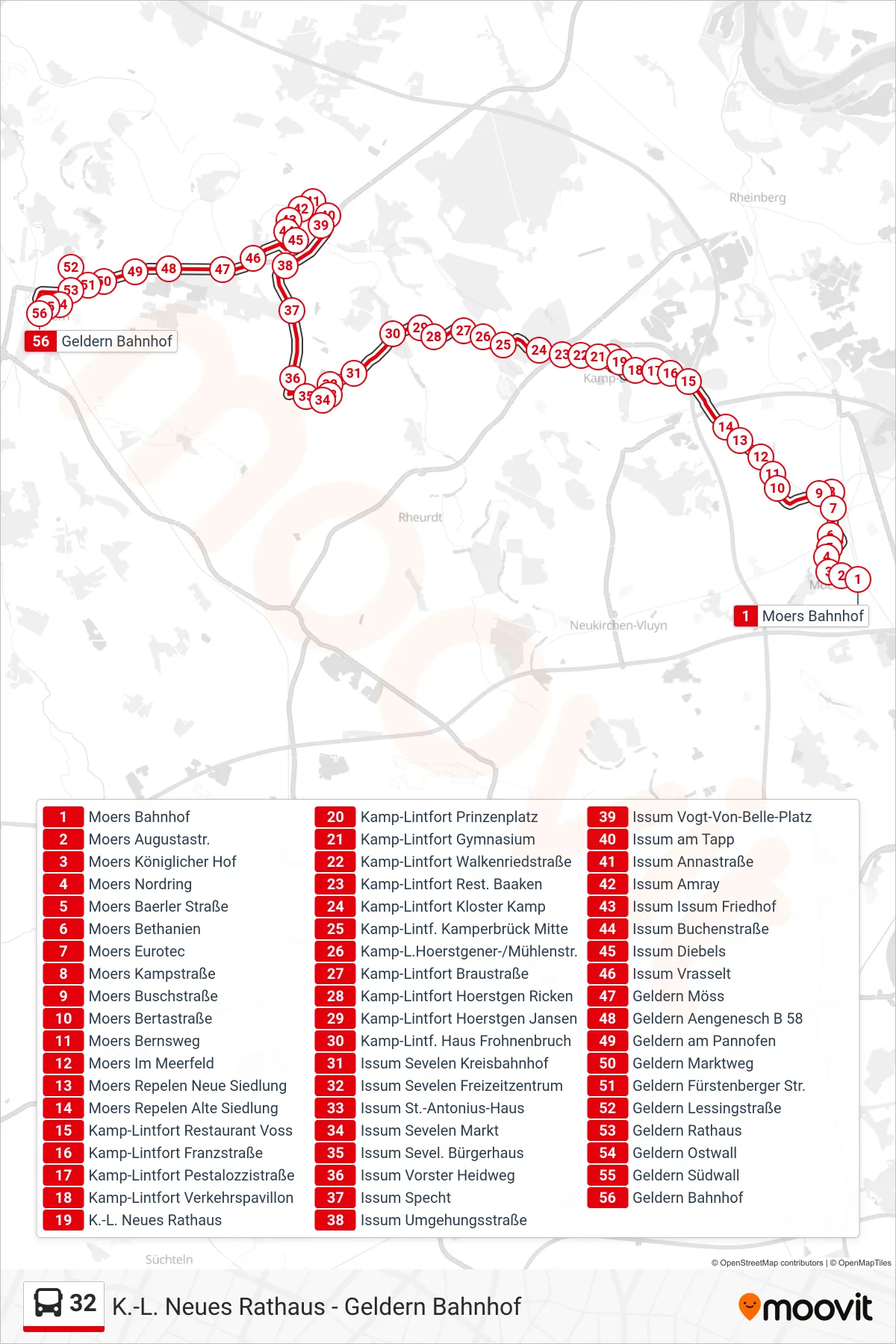 Linie 32 (Bus) Richtung Geldern Bahnhof: Route und Haltestellen auf der Karte