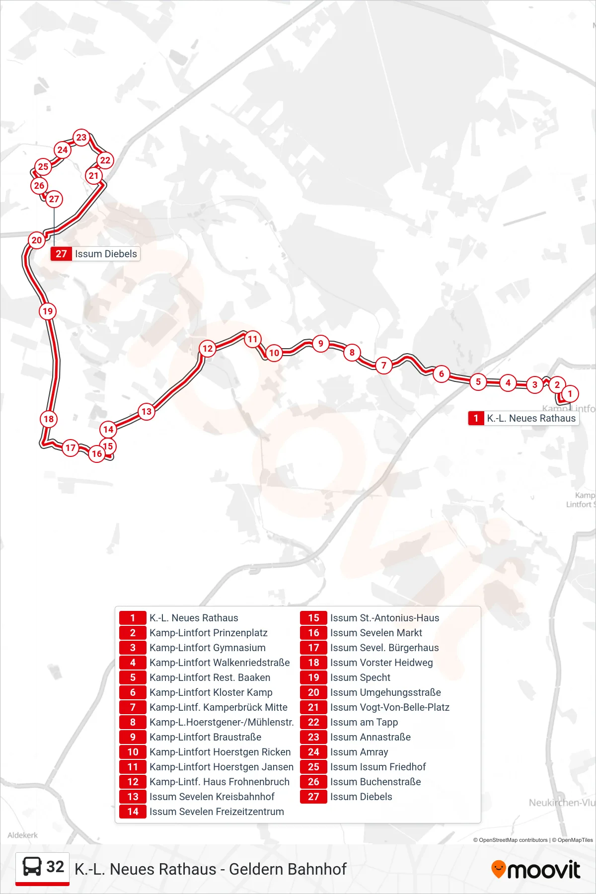 Linie 32 (Bus) Richtung Issum Diebels: Route und Haltestellen auf der Karte