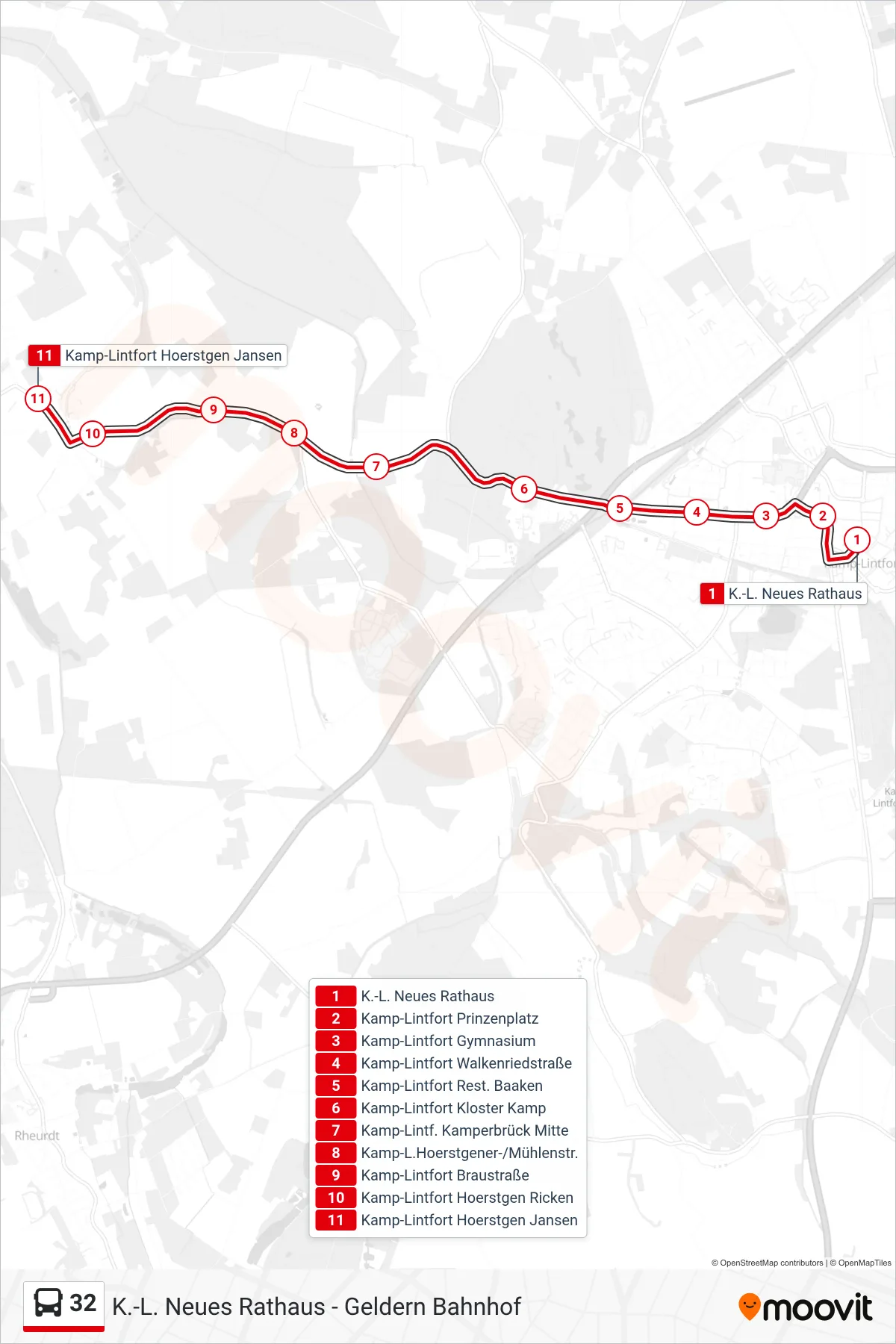 32 bus Line (Kamp-Lintfort Hoerstgen Jansen) route and stops on a map