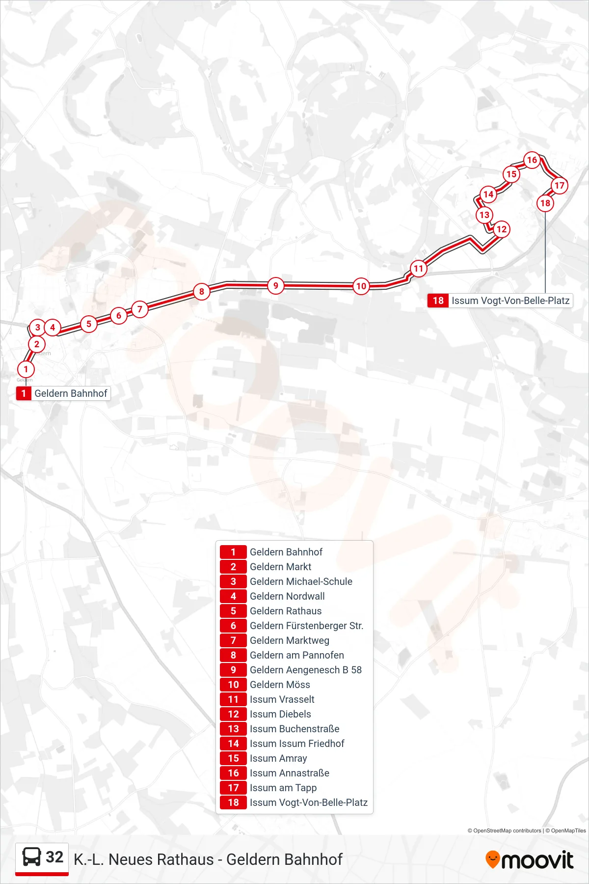 Linie 32 (Bus) Richtung Issum Vogt-Von-Belle-Platz: Route und Haltestellen auf der Karte