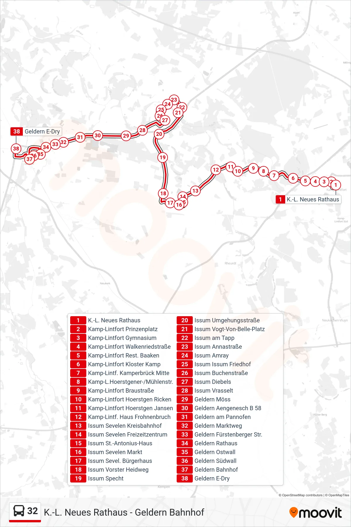 Linie 32 (Bus) Richtung Geldern E-Dry: Route und Haltestellen auf der Karte