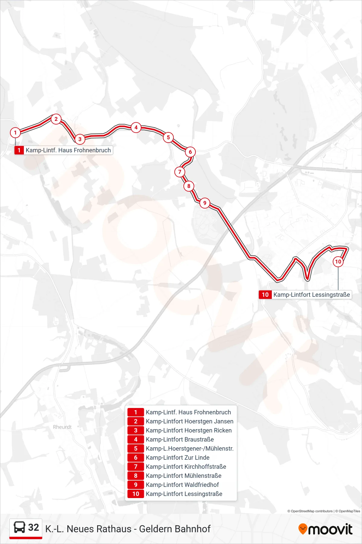 32 bus Line (Kamp-Lintfort Lessingstraße) route and stops on a map