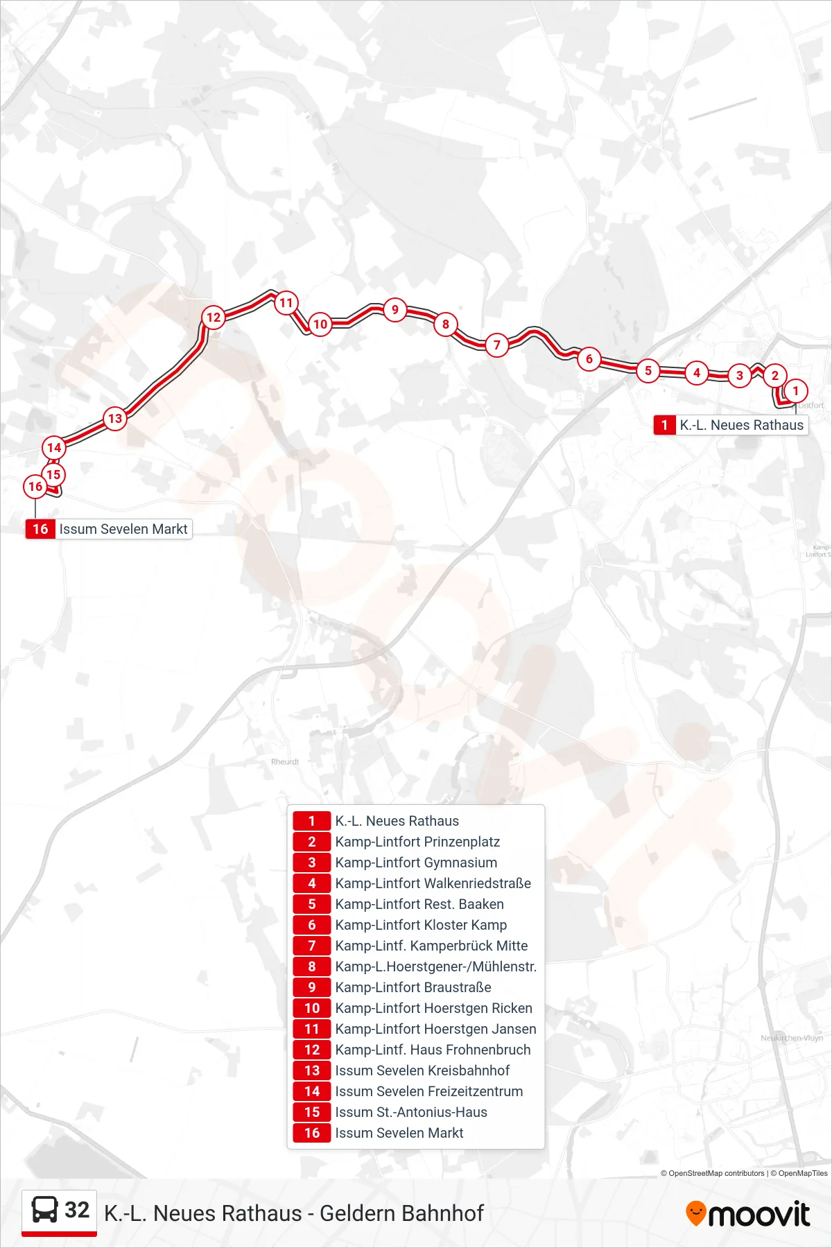 32 bus Line (Issum Sevelen Markt) route and stops on a map