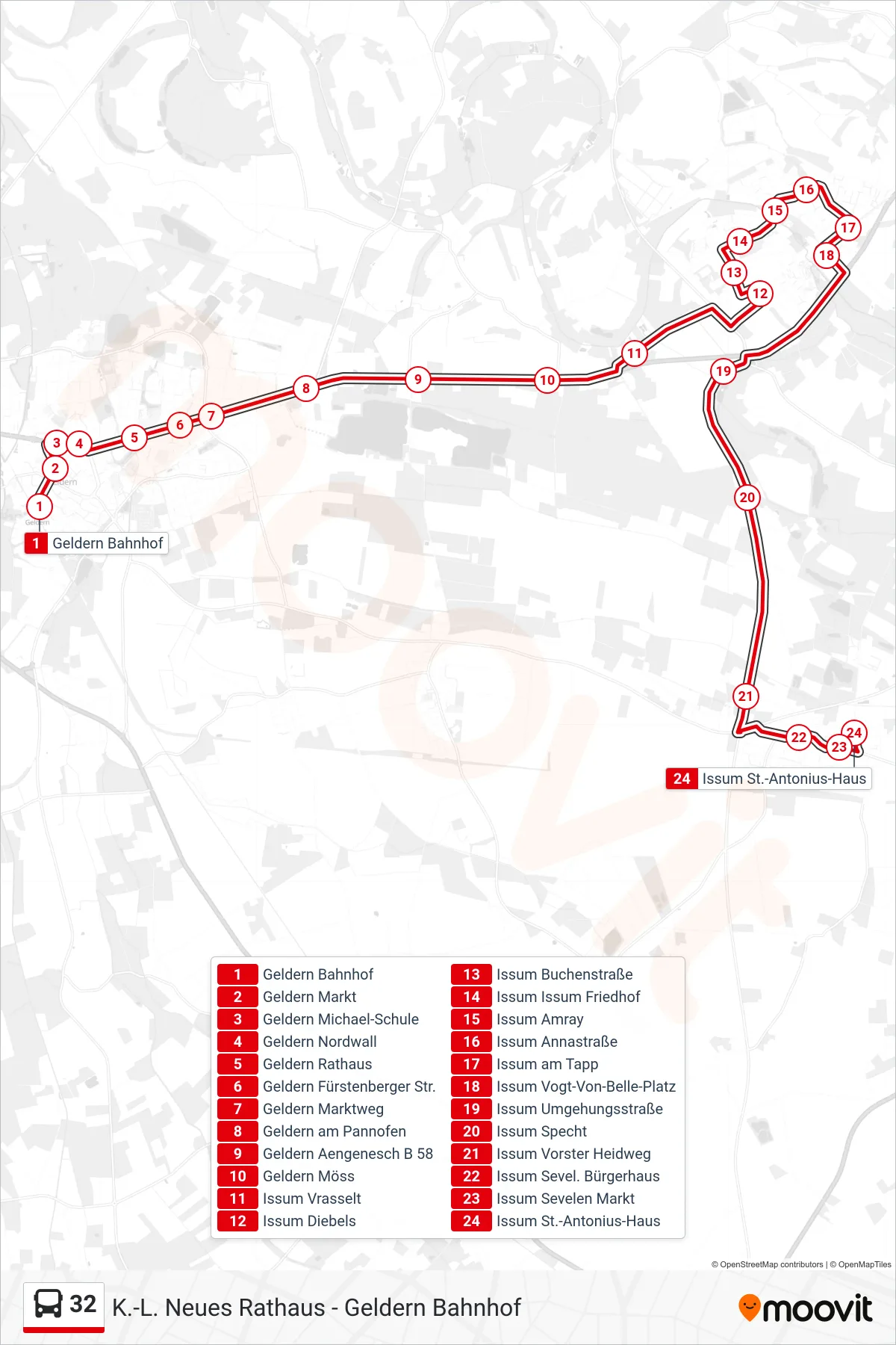 Linie 32 (Bus) Richtung Issum St.-Antonius-Haus: Route und Haltestellen auf der Karte