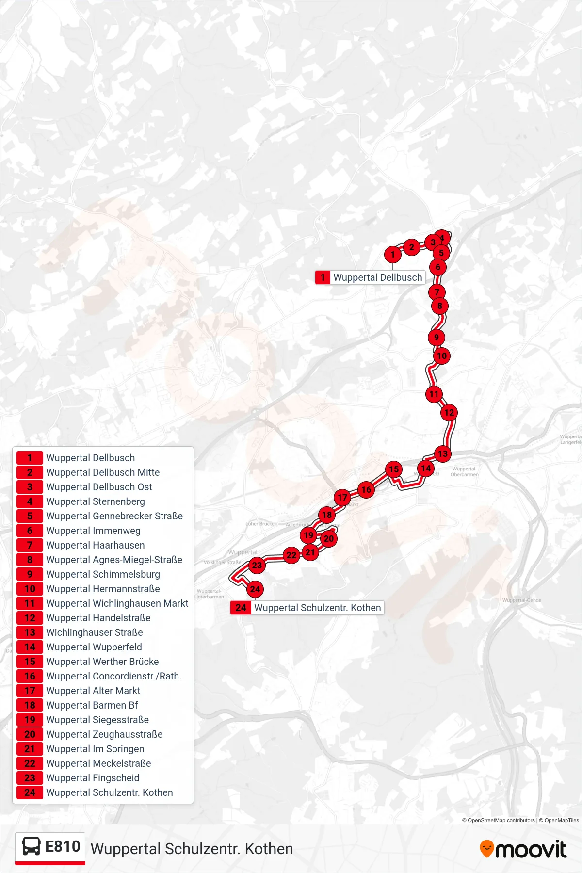 Linie E810 (Bus) Richtung Wuppertal Schulzentr. Kothen: Route und Haltestellen auf der Karte