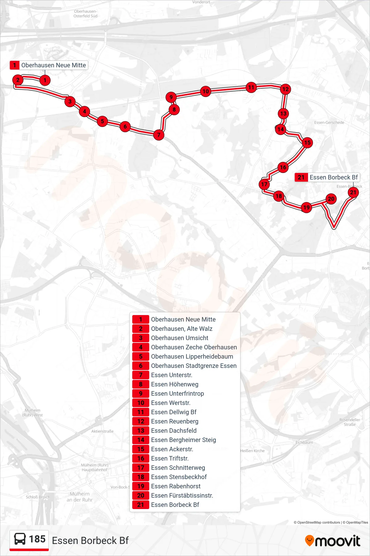 Linie 185 (Bus) Richtung Essen Borbeck Bf: Route und Haltestellen auf der Karte