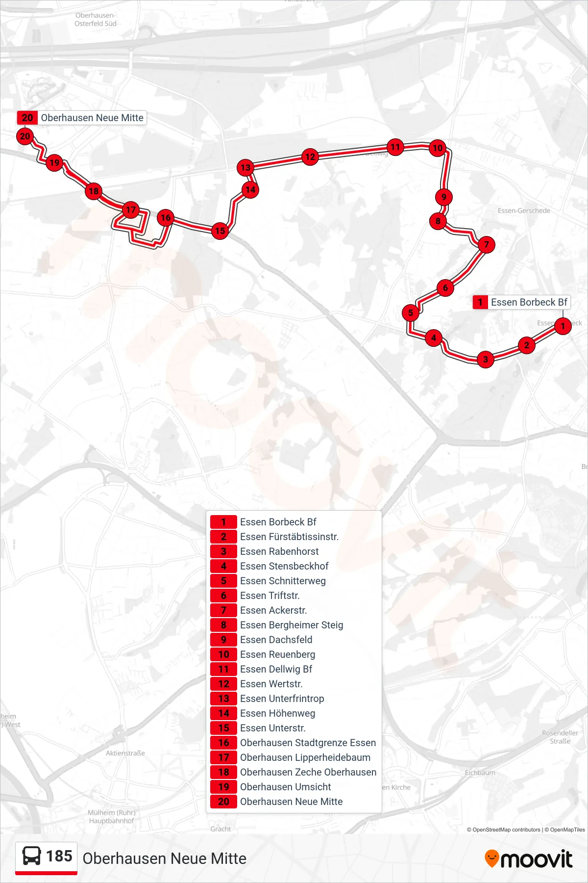 Linie 185 (Bus) Richtung Oberhausen Neue Mitte: Route und Haltestellen auf der Karte