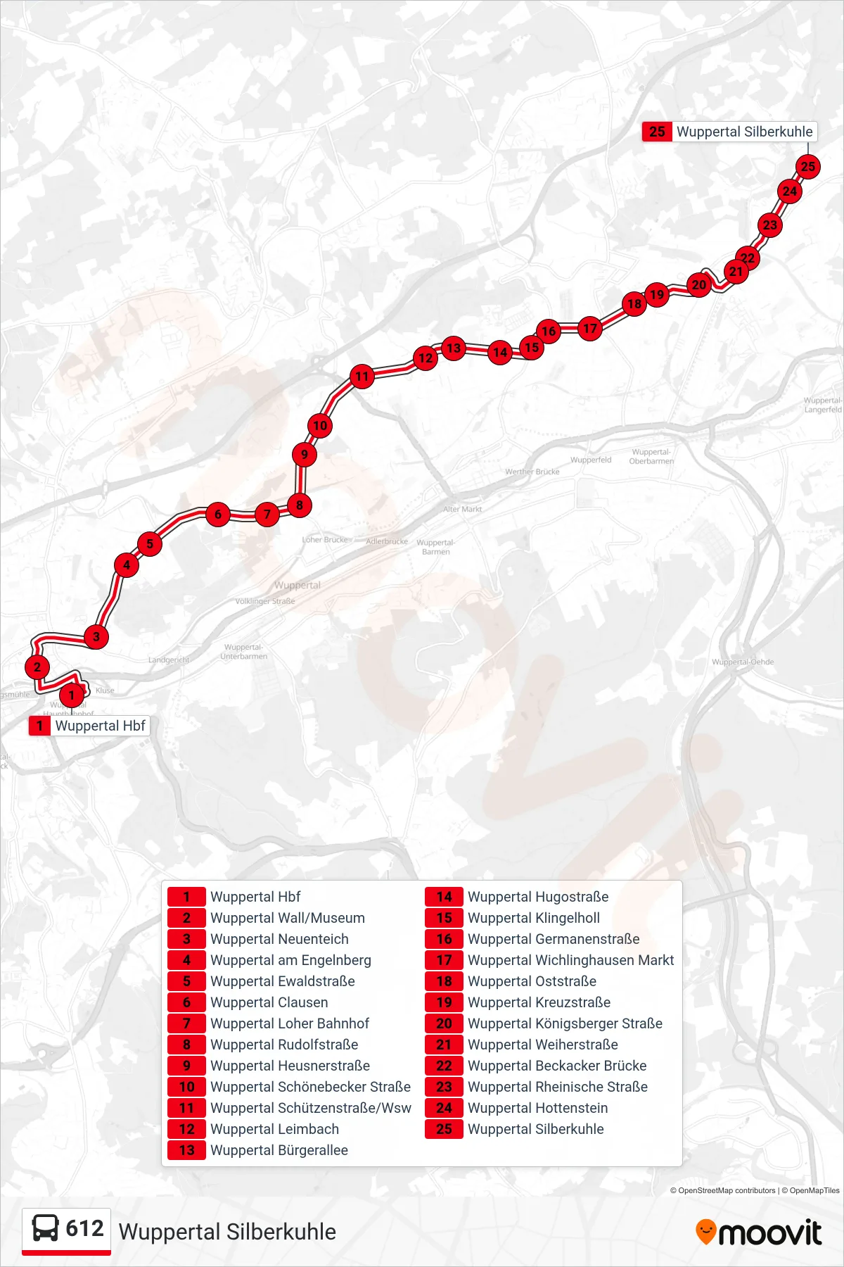 Linie 612 (Bus) Richtung Wuppertal Silberkuhle: Route und Haltestellen auf der Karte
