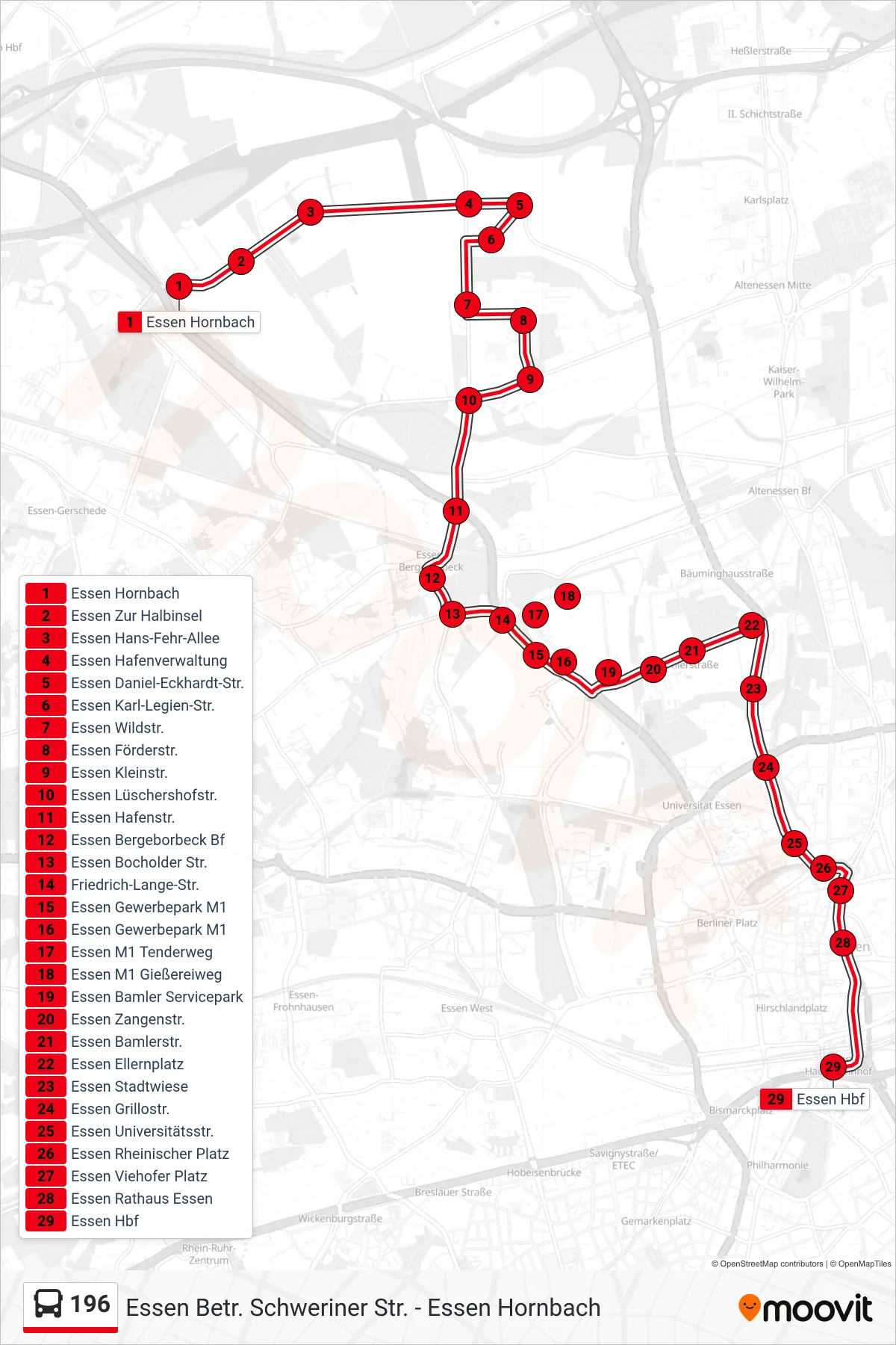 Linie 196 (Bus) Richtung Essen Hbf: Route und Haltestellen auf der Karte