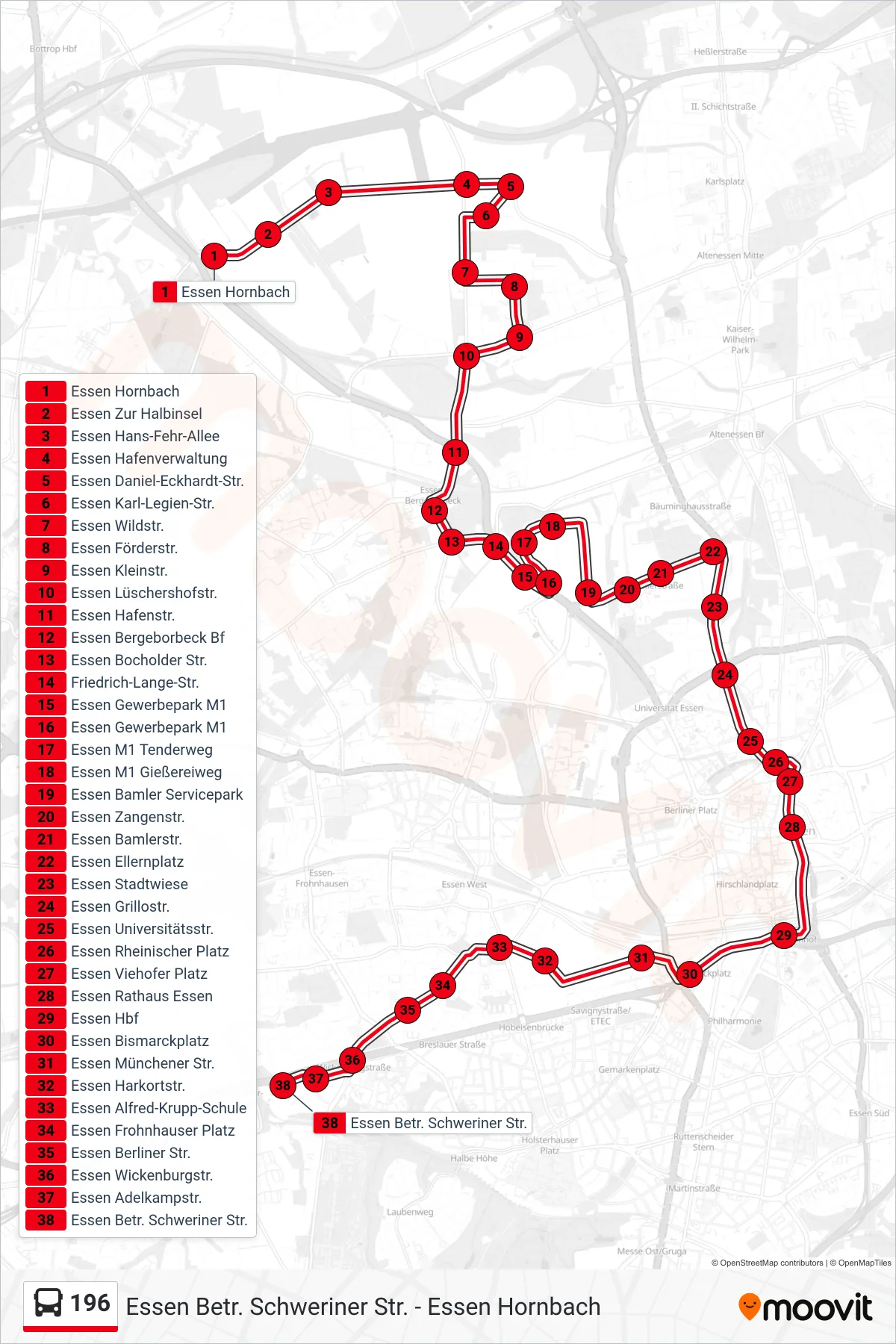 Linie 196 (Bus) Richtung Essen Betr. Schweriner Str.: Route und Haltestellen auf der Karte