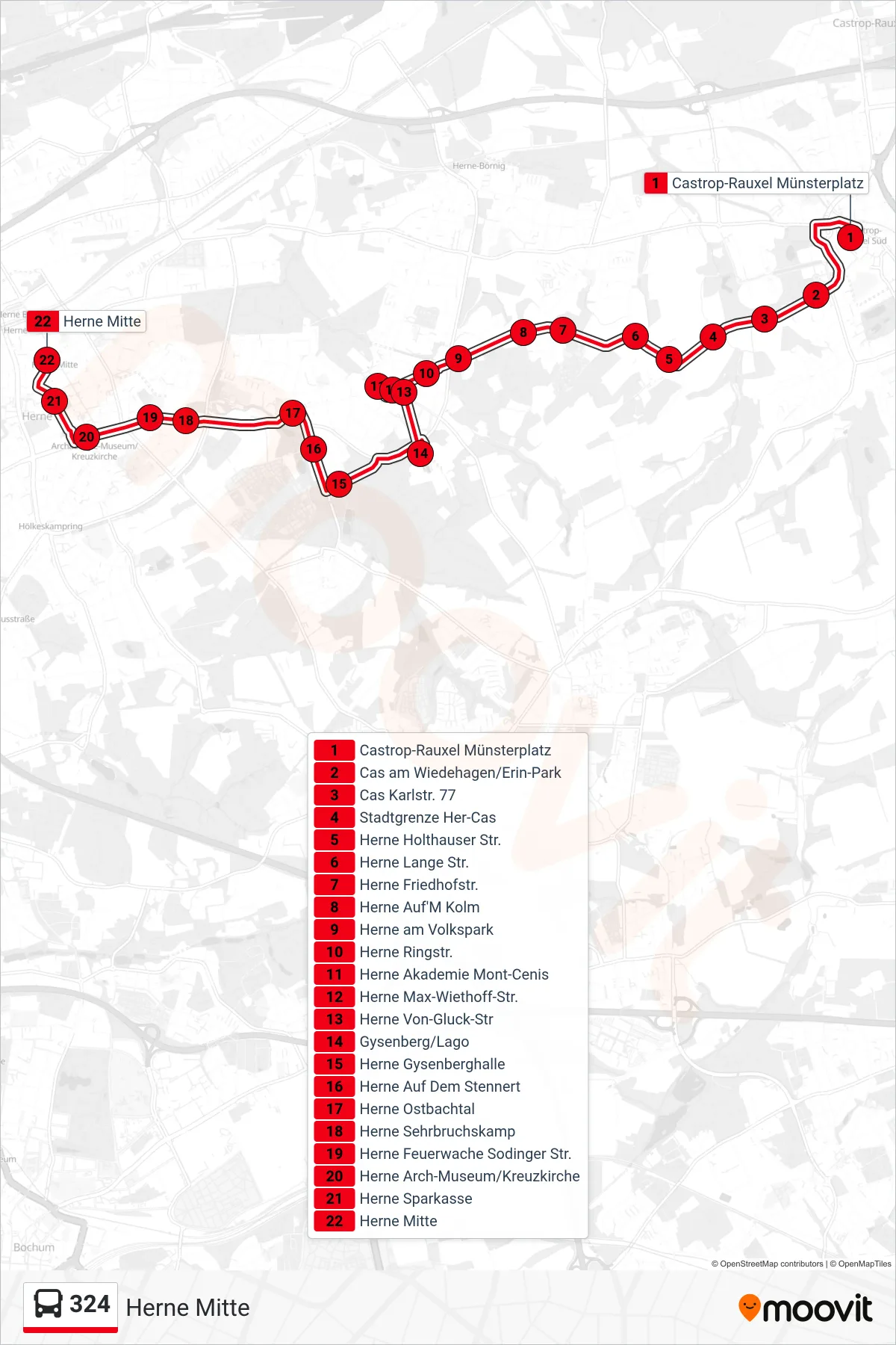 Linie 324 (Bus) Richtung Herne Mitte: Route und Haltestellen auf der Karte