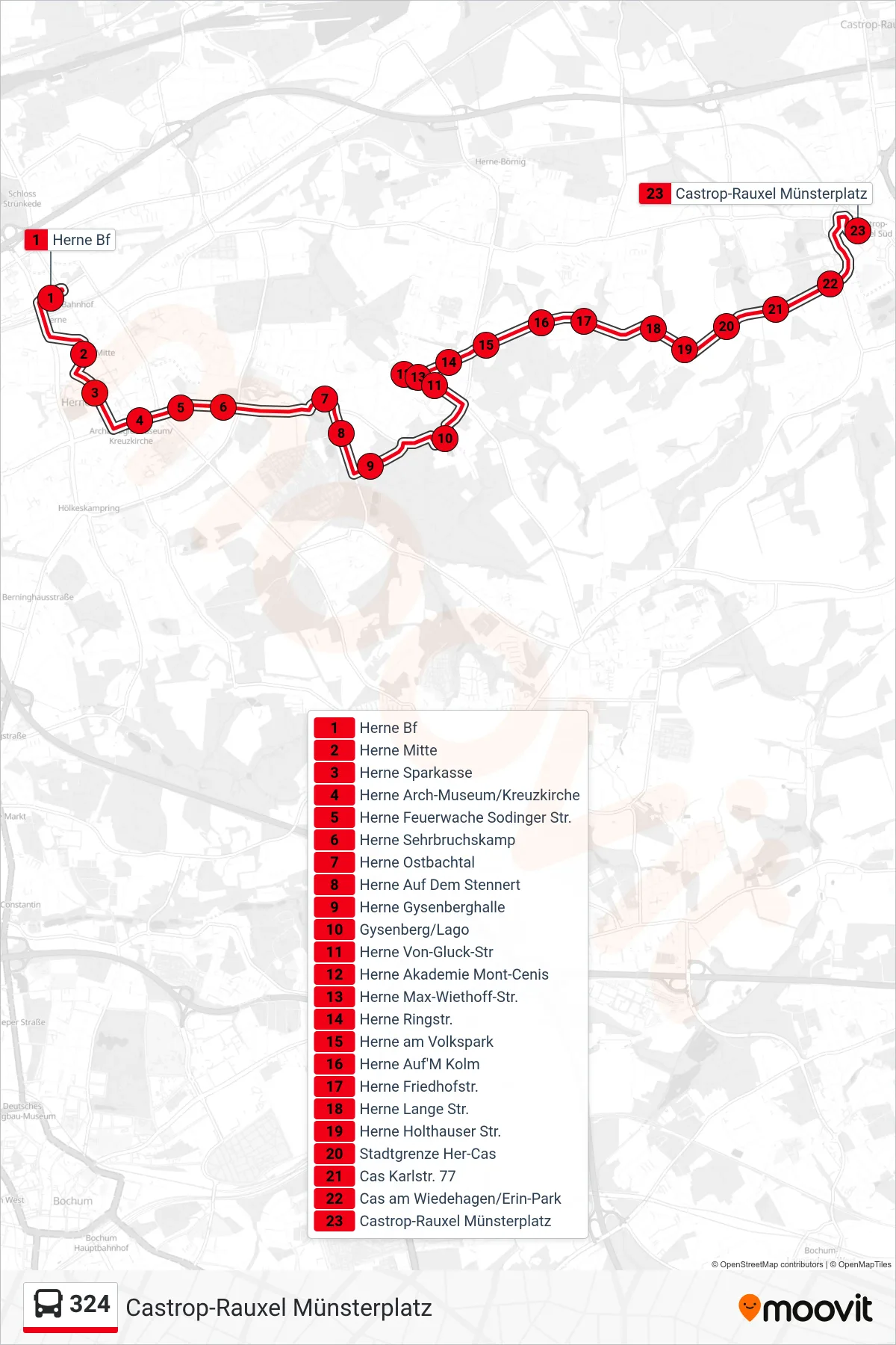 324 bus Line (Castrop-Rauxel Münsterplatz) route and stops on a map