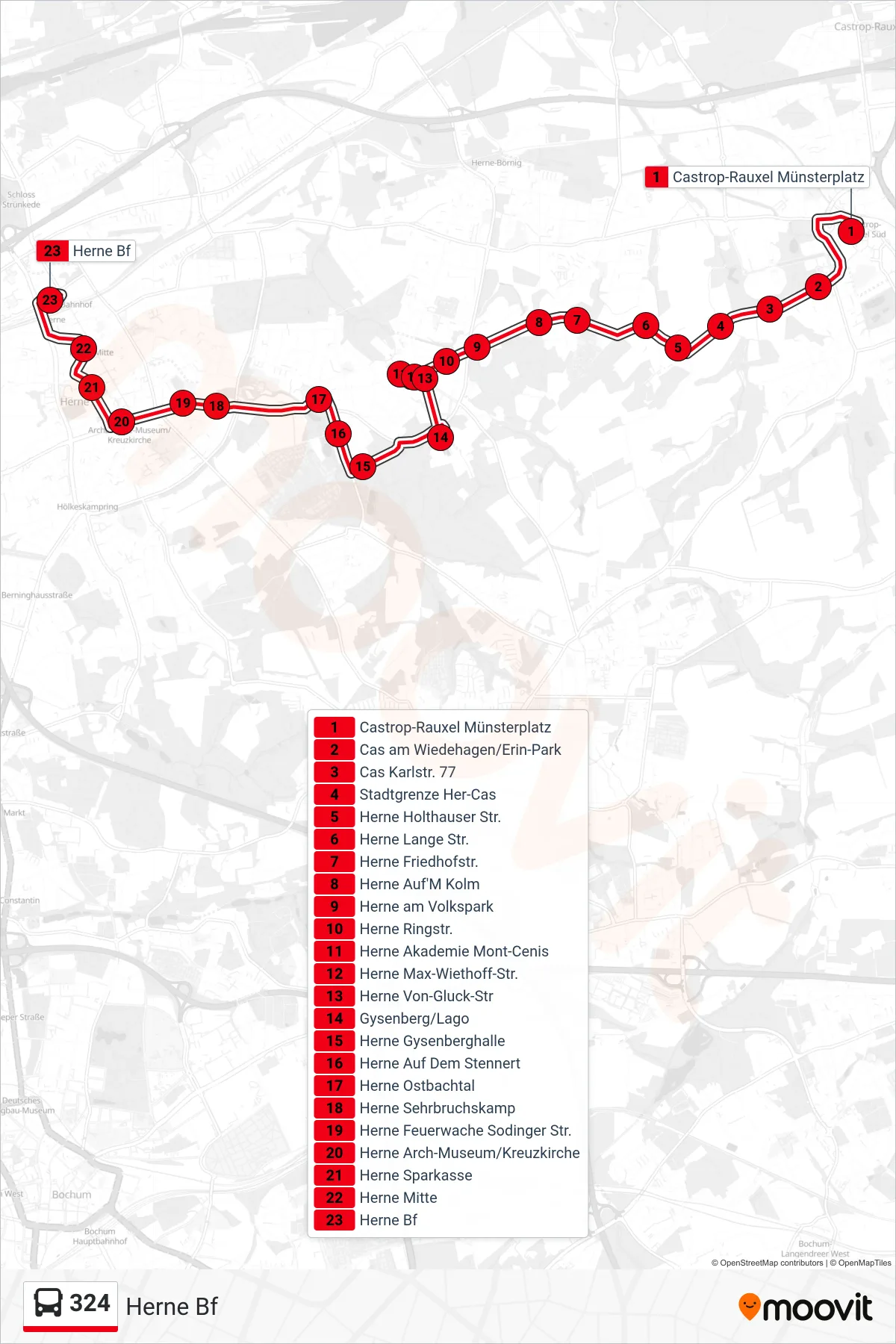 Linie 324 (Bus) Richtung Herne Bf: Route und Haltestellen auf der Karte