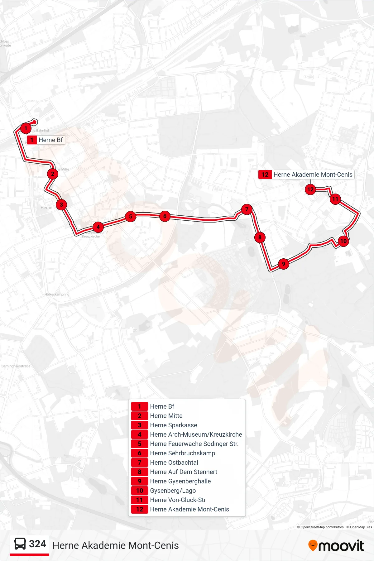 Linie 324 (Bus) Richtung Herne Akademie Mont-Cenis: Route und Haltestellen auf der Karte