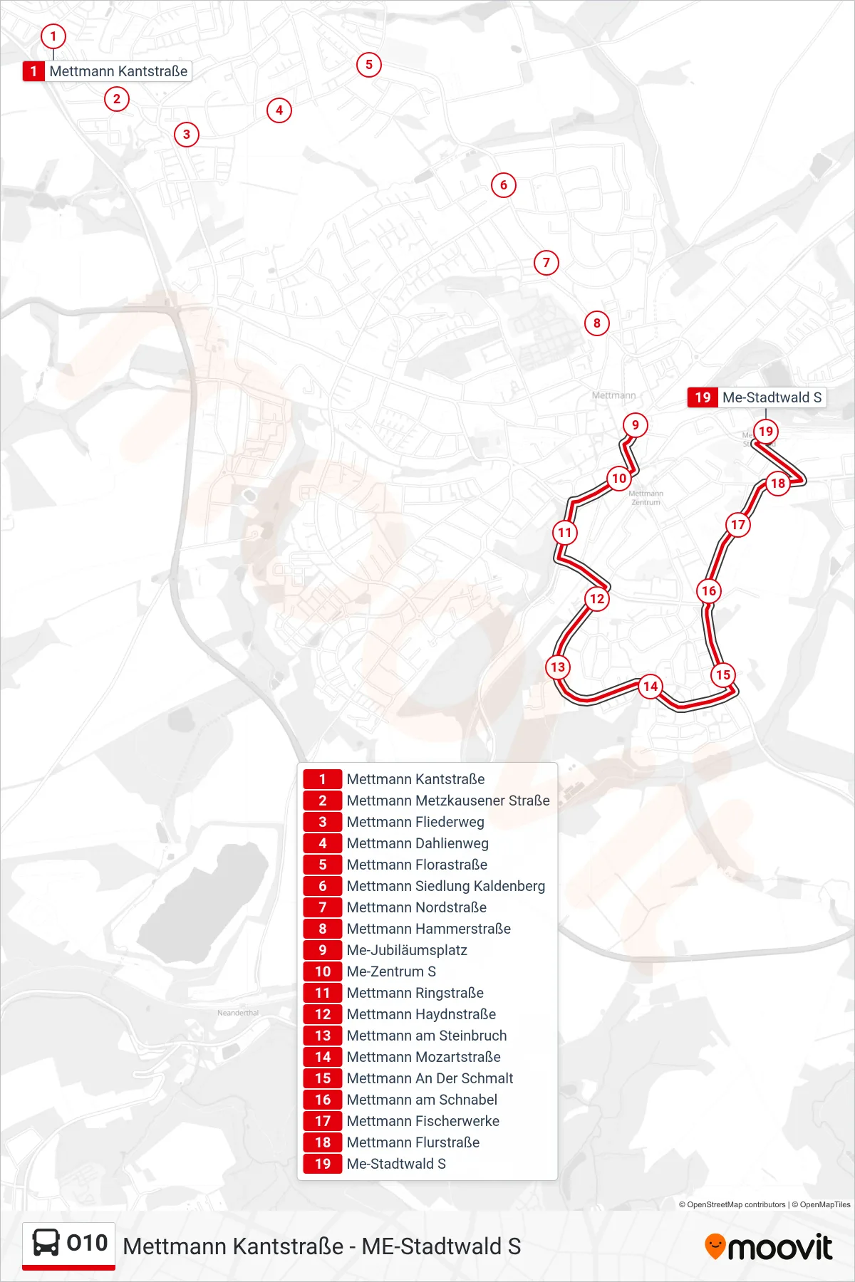 Linie O10 (Bus) Richtung Me-Stadtwald S: Route und Haltestellen auf der Karte