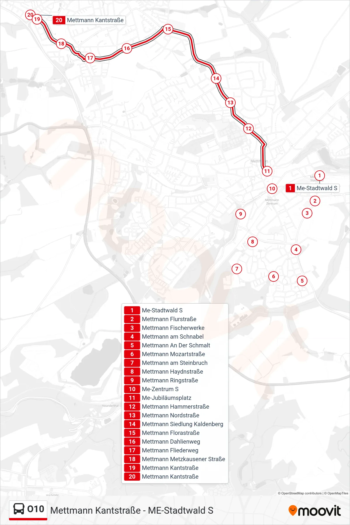 Linie O10 (Bus) Richtung Mettmann Kantstraße: Route und Haltestellen auf der Karte